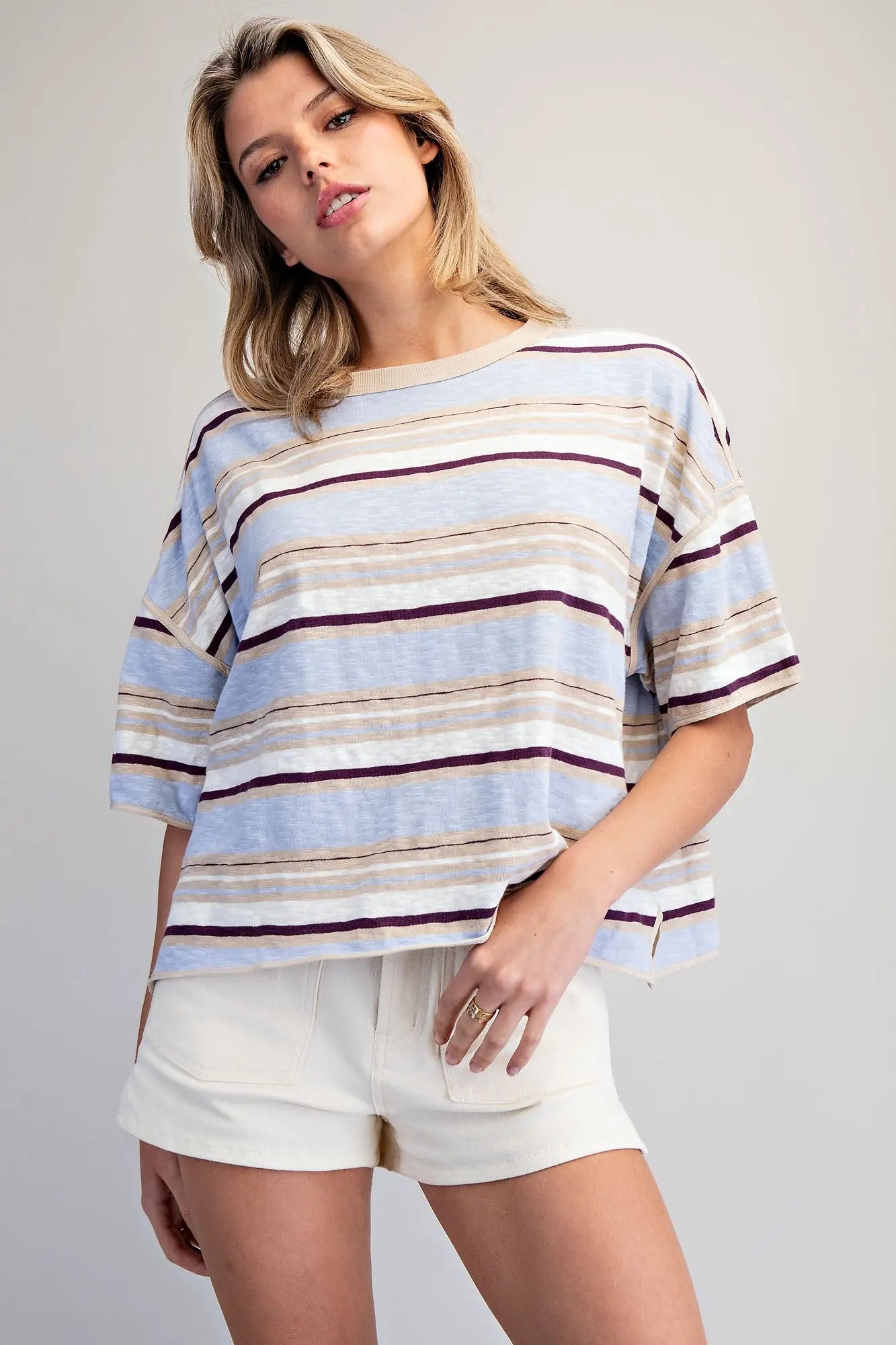 Joey Striped Boxy T-Shirt-Blueberry