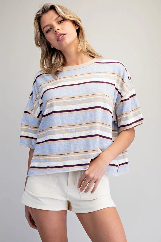 Joey Striped Boxy T-Shirt-Blueberry