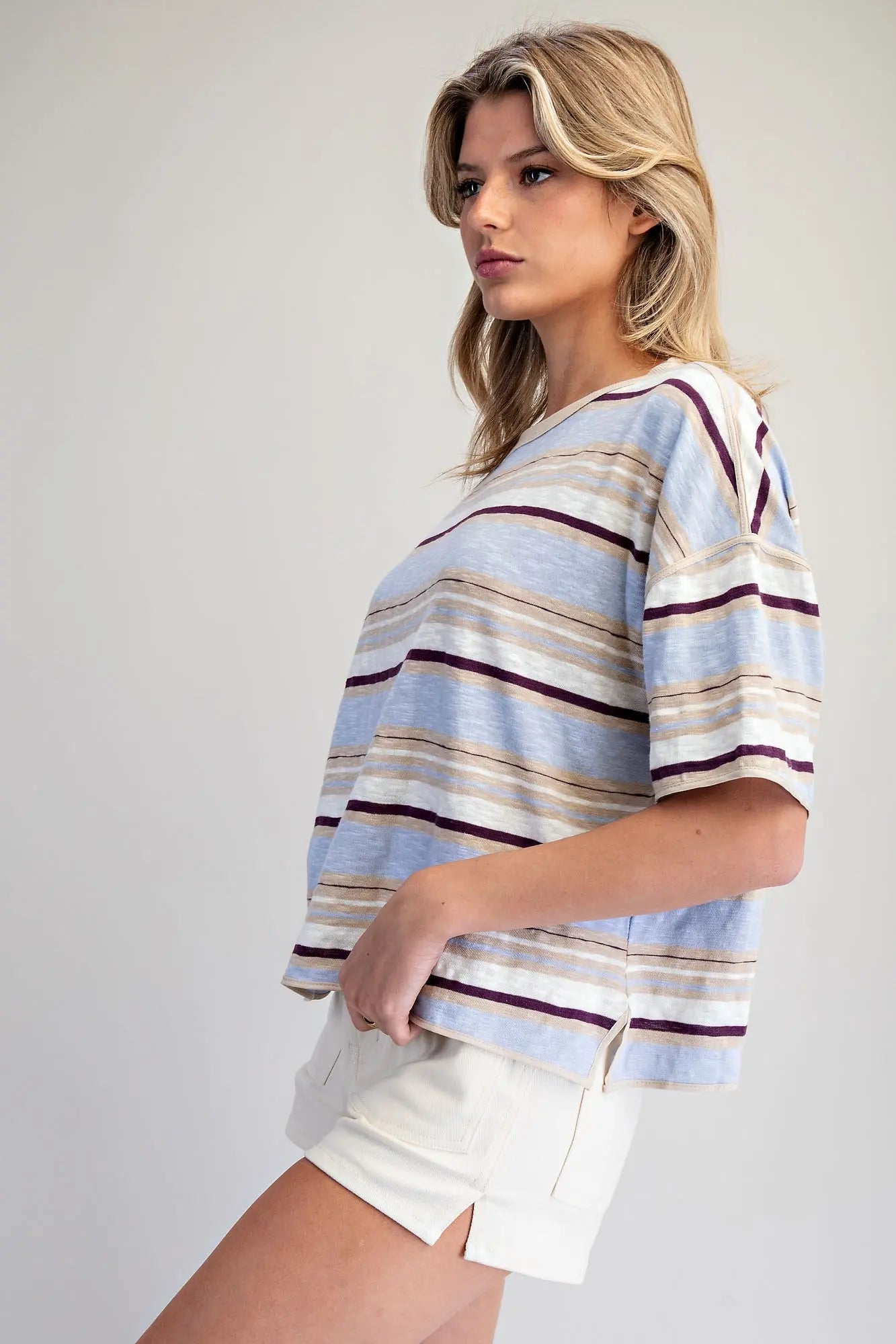 Joey Striped Boxy T-Shirt-Blueberry