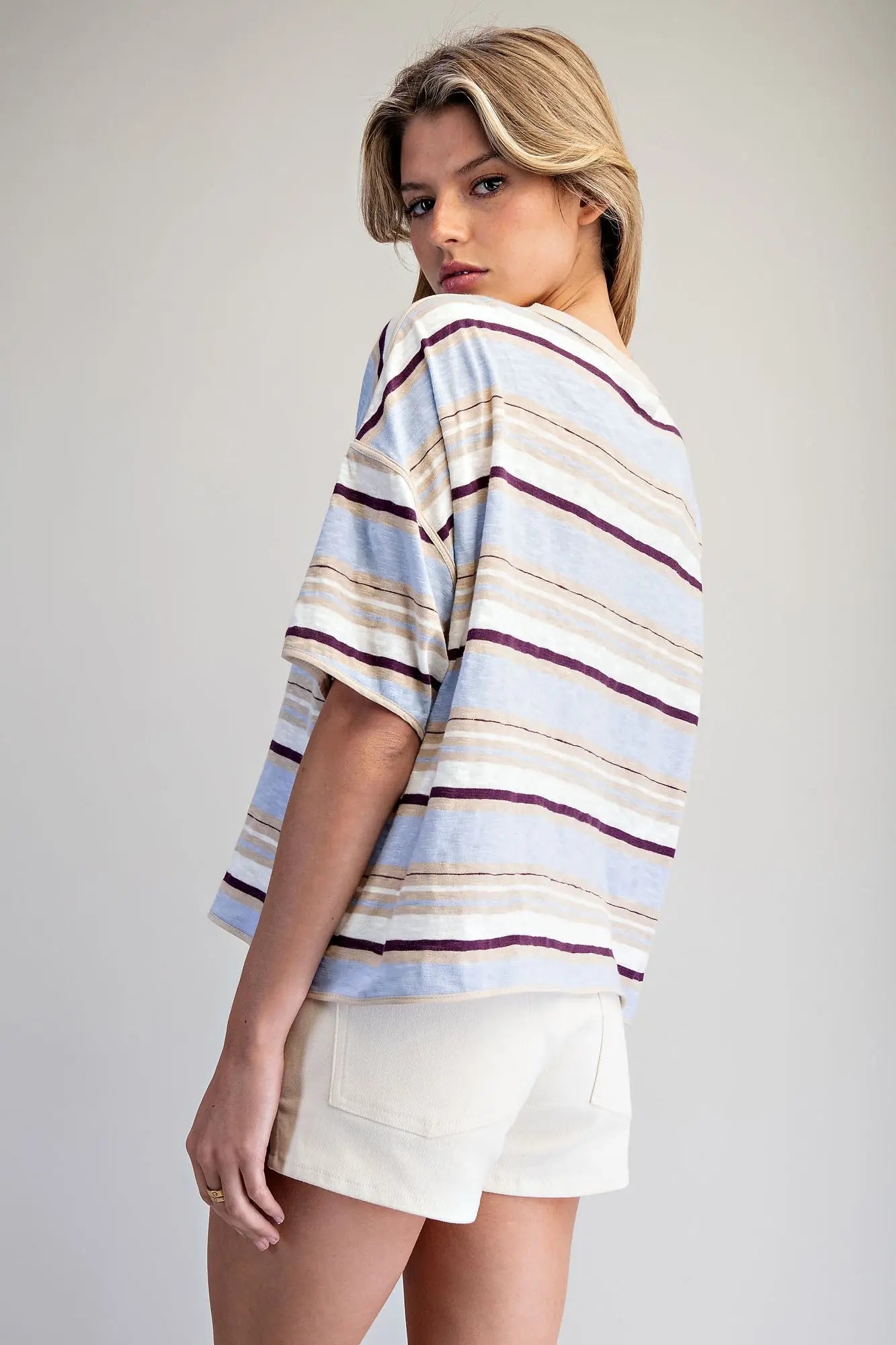 Joey Striped Boxy T-Shirt-Blueberry