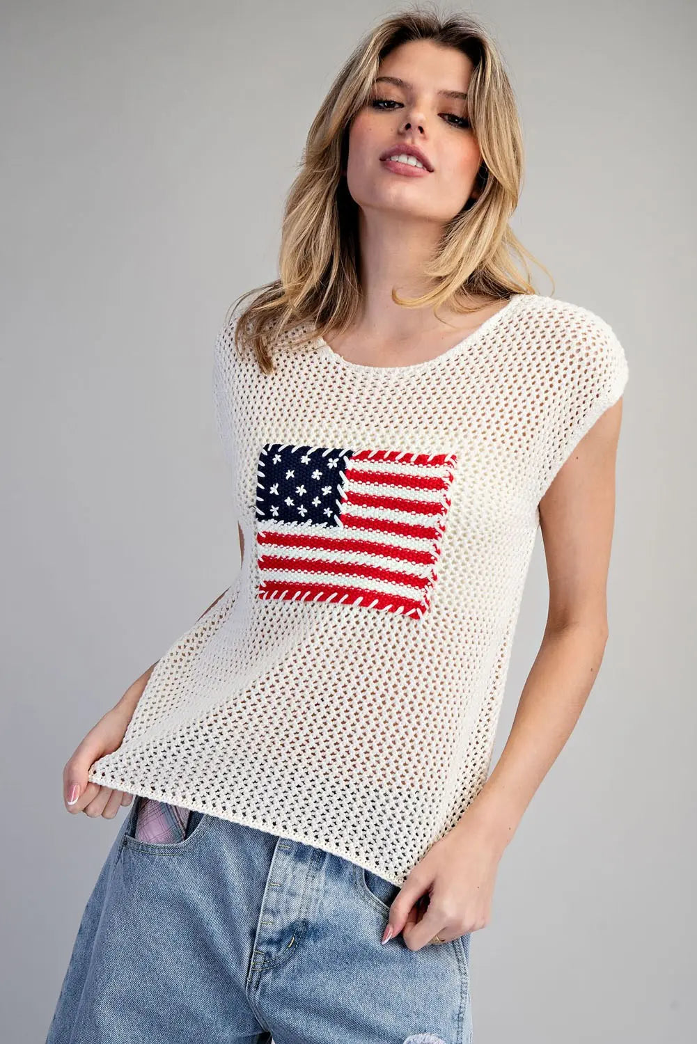 Stars & Stripes Knit Cap Sleeve Top-Oatmeal