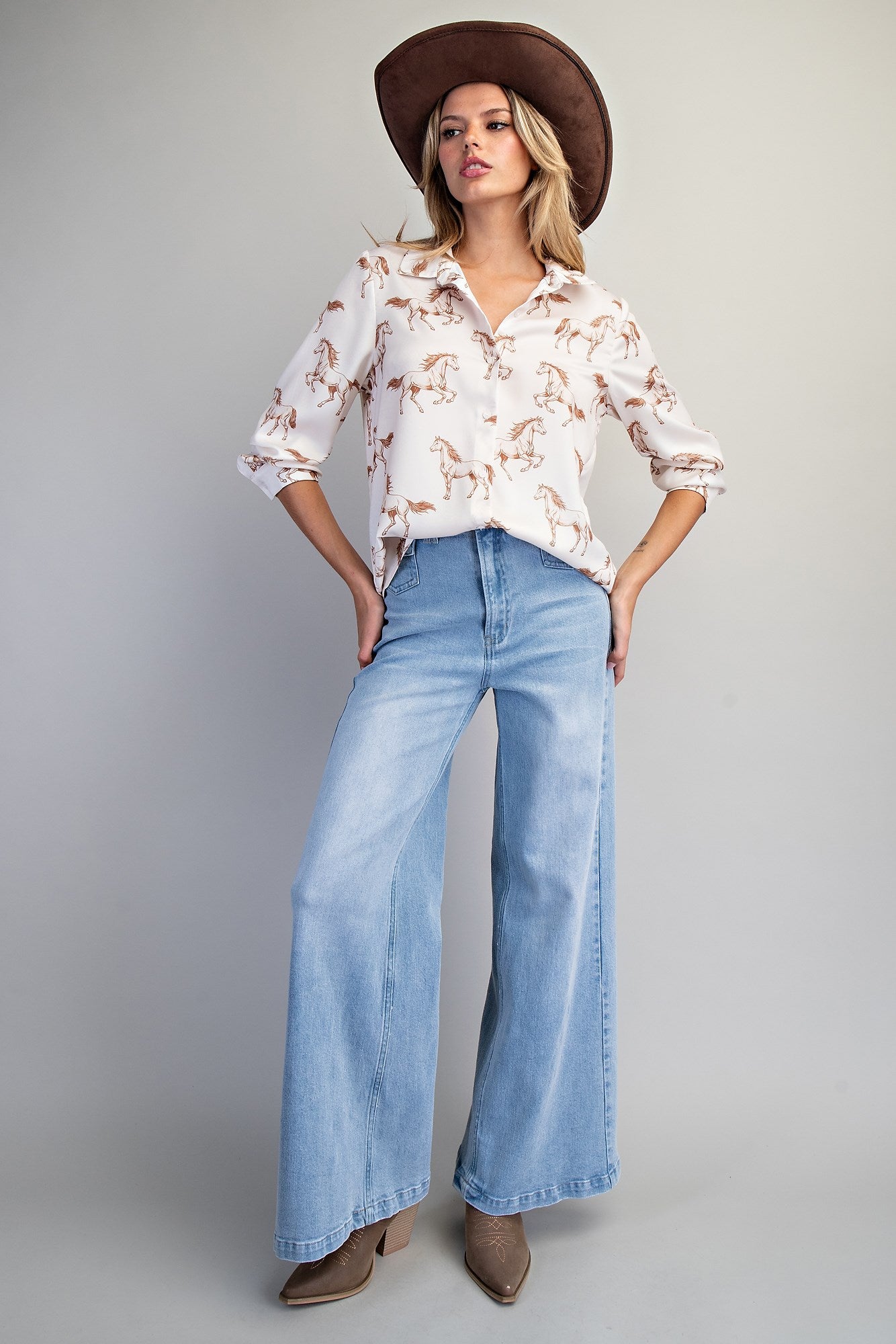 Blythe Button Down Horse Printed Blouse-Cream