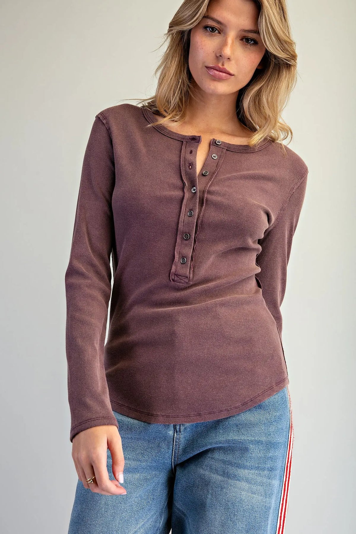 Geve Mineral Washed Half Button Long Sleeve Top-Deep Fig