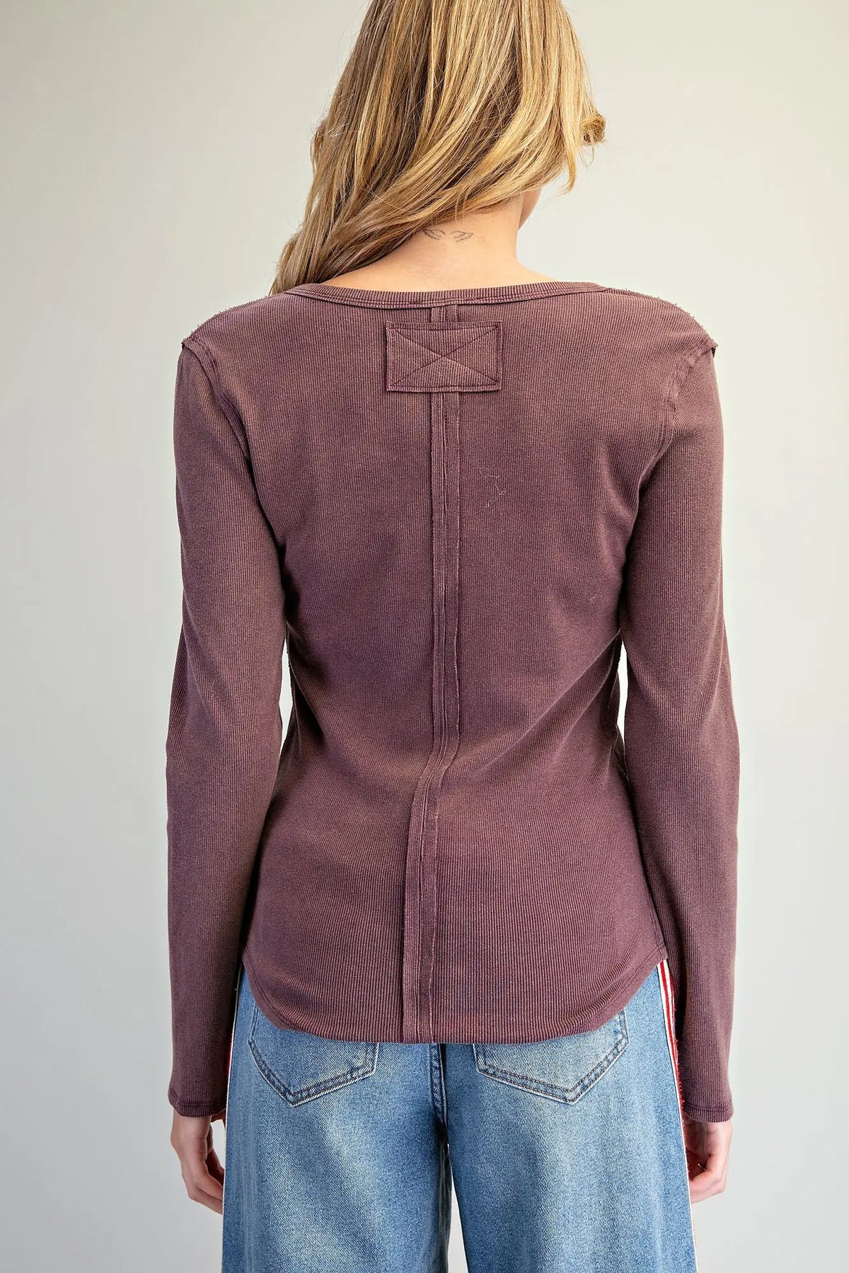 Geve Mineral Washed Half Button Long Sleeve Top-Deep Fig