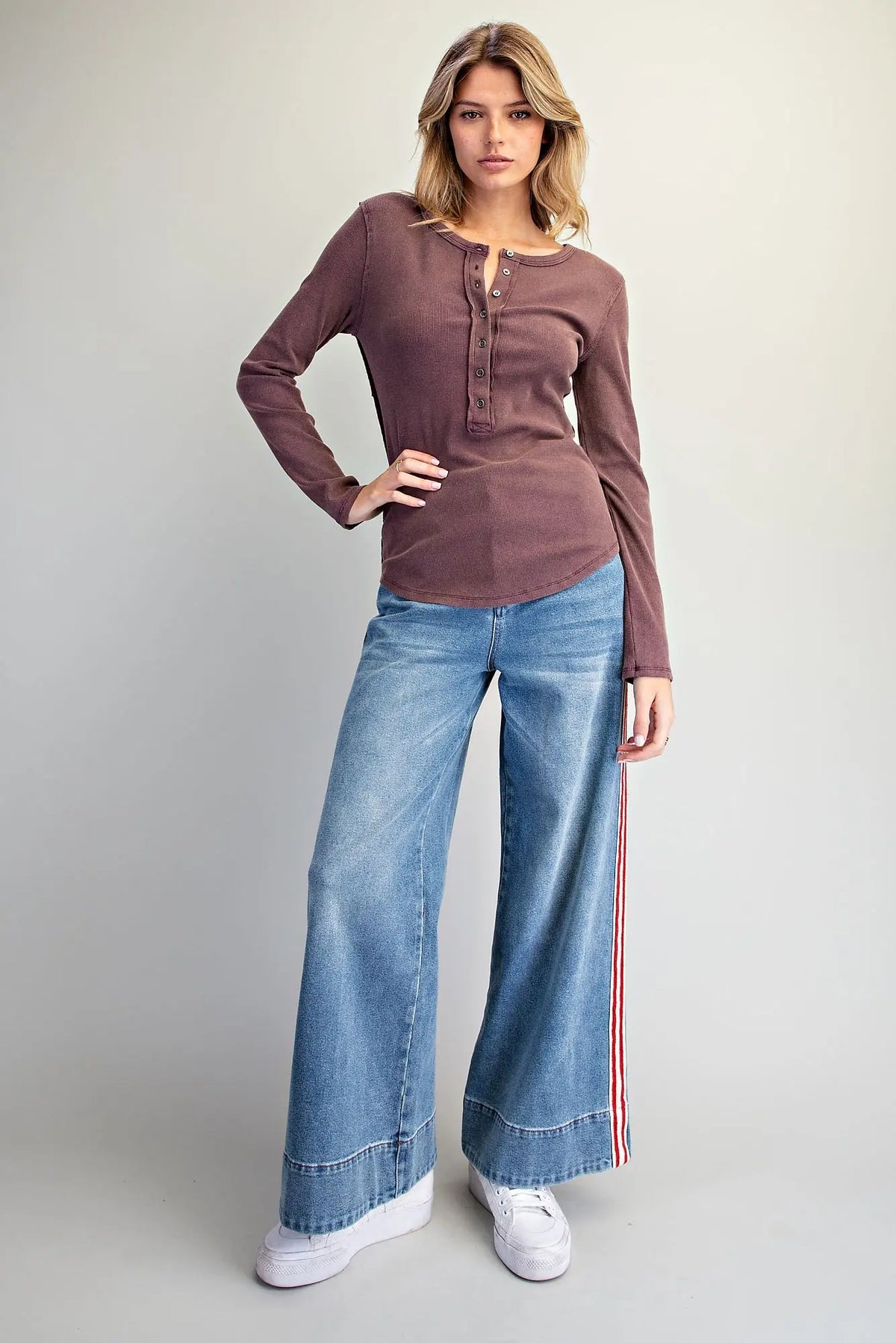 Geve Mineral Washed Half Button Long Sleeve Top-Deep Fig