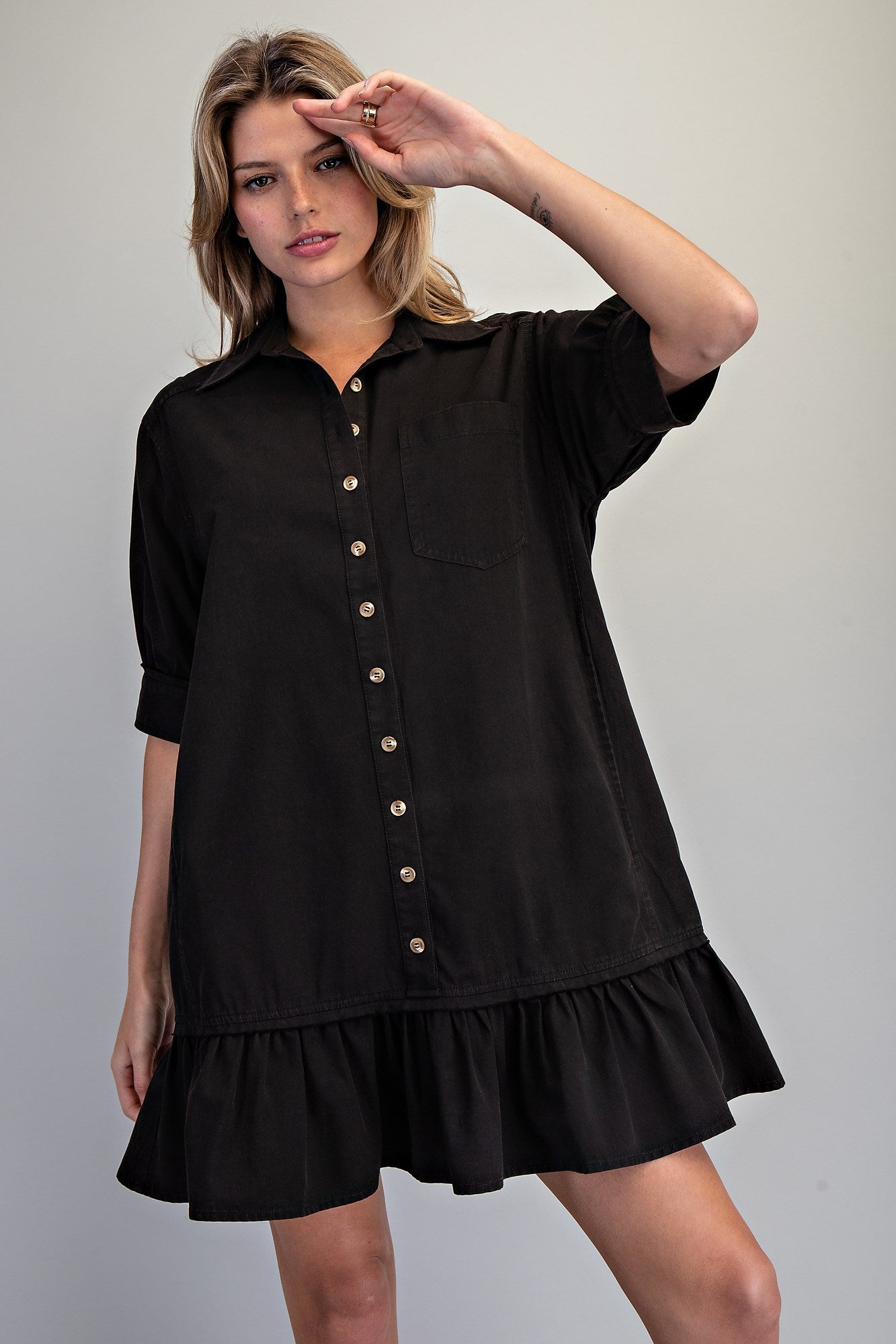 Tori Button Down Mini Dress -Ash Black