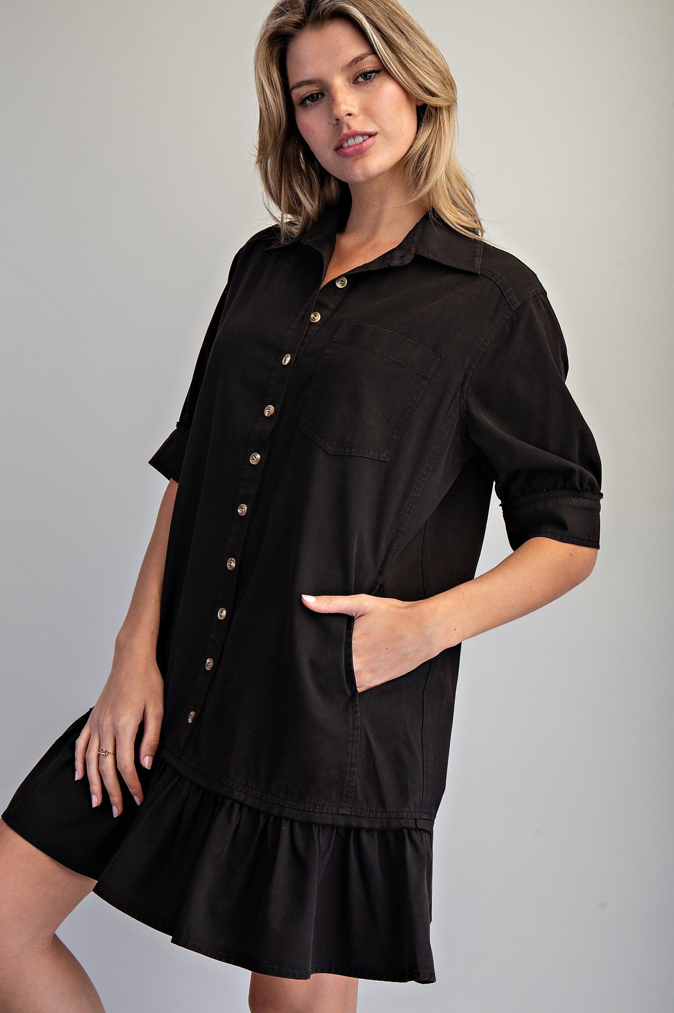 Tori Button Down Mini Dress -Ash Black