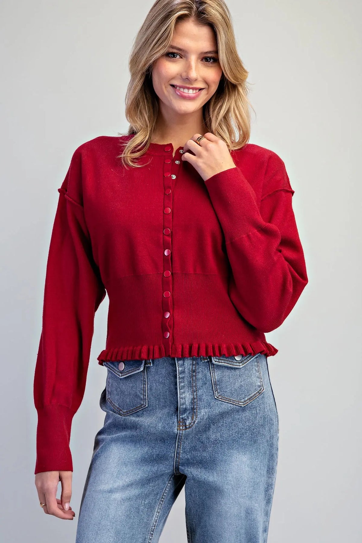 Cherise Ruffle Hem Button Down Cardigan-Wine
