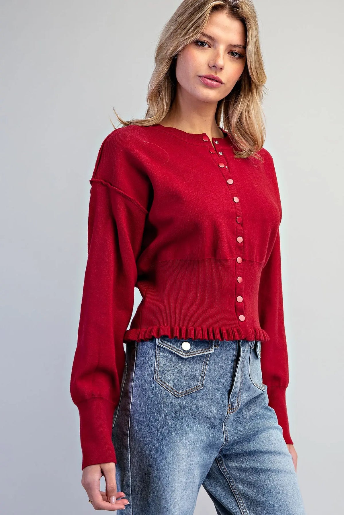 Cherise Ruffle Hem Button Down Cardigan-Wine