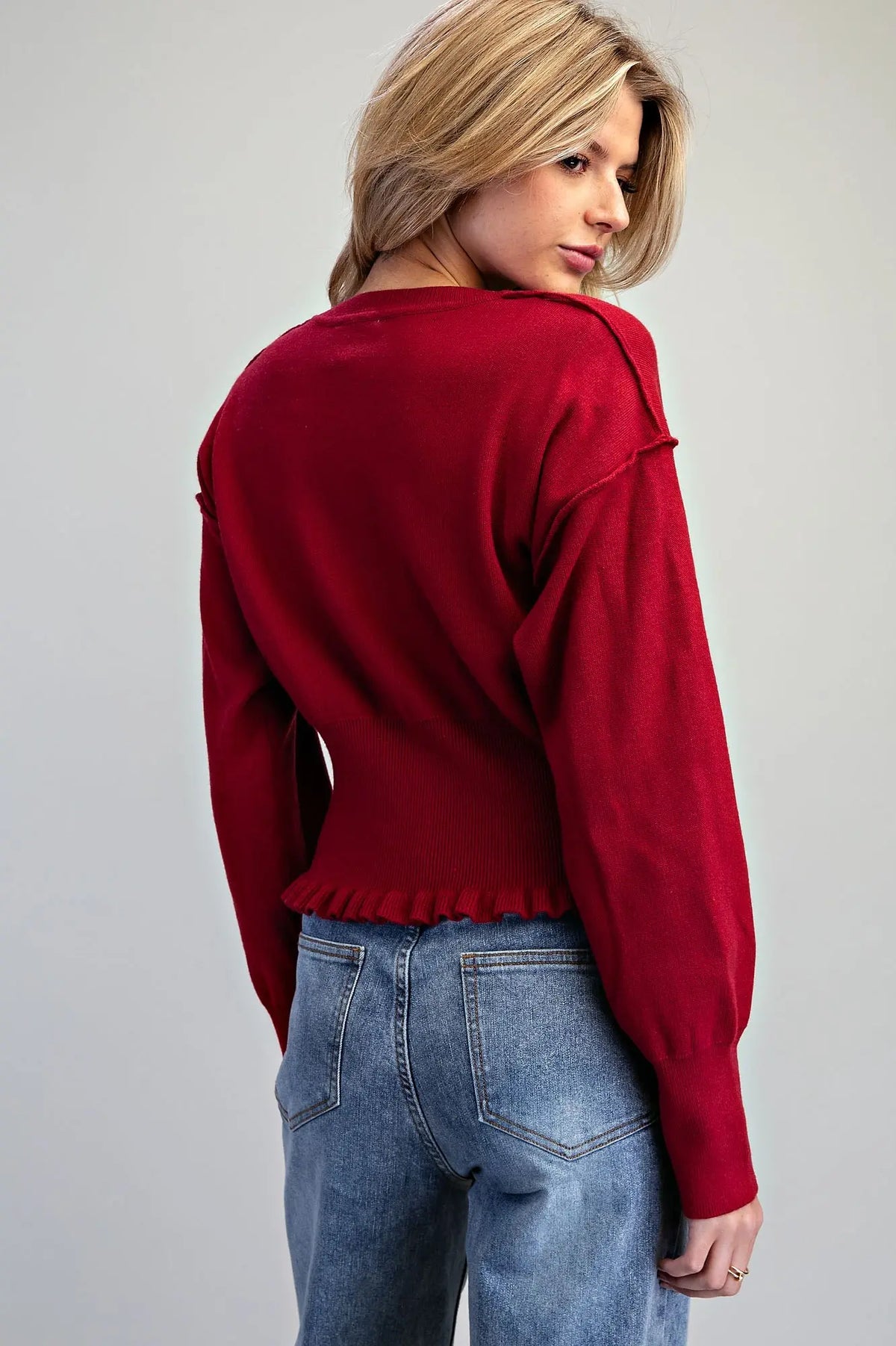 Cherise Ruffle Hem Button Down Cardigan-Wine