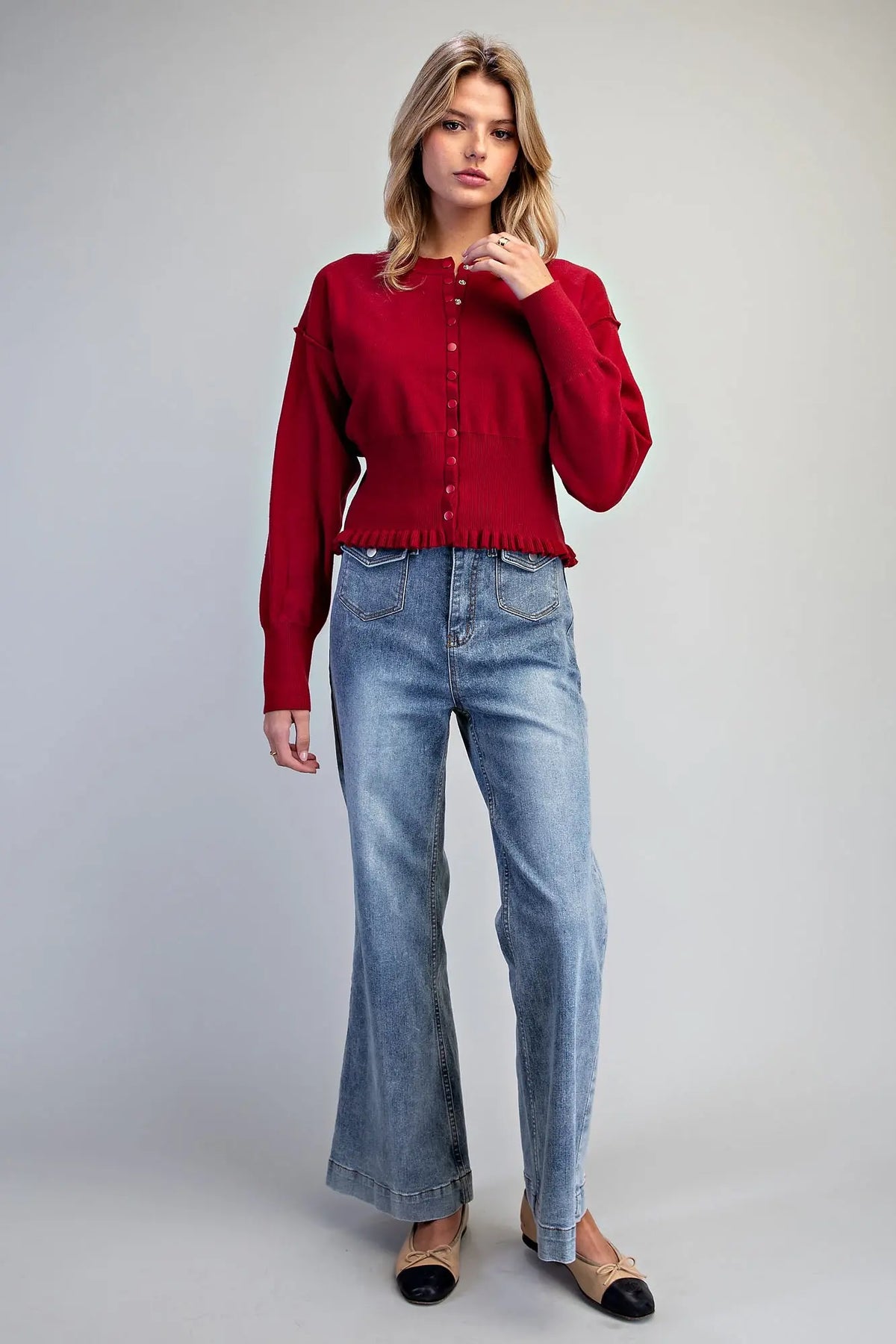 Cherise Ruffle Hem Button Down Cardigan-Wine