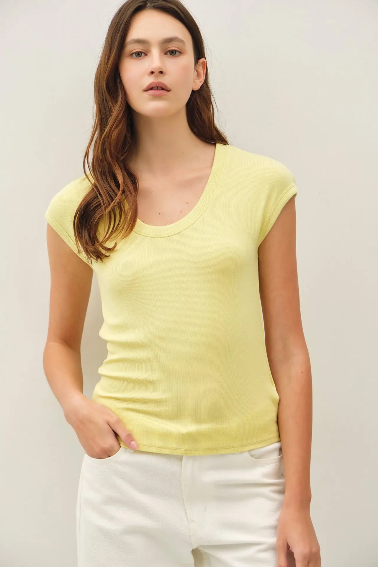RIBBED SCOOP NECK CAP SLEEVE MODAL TOP-Acacia