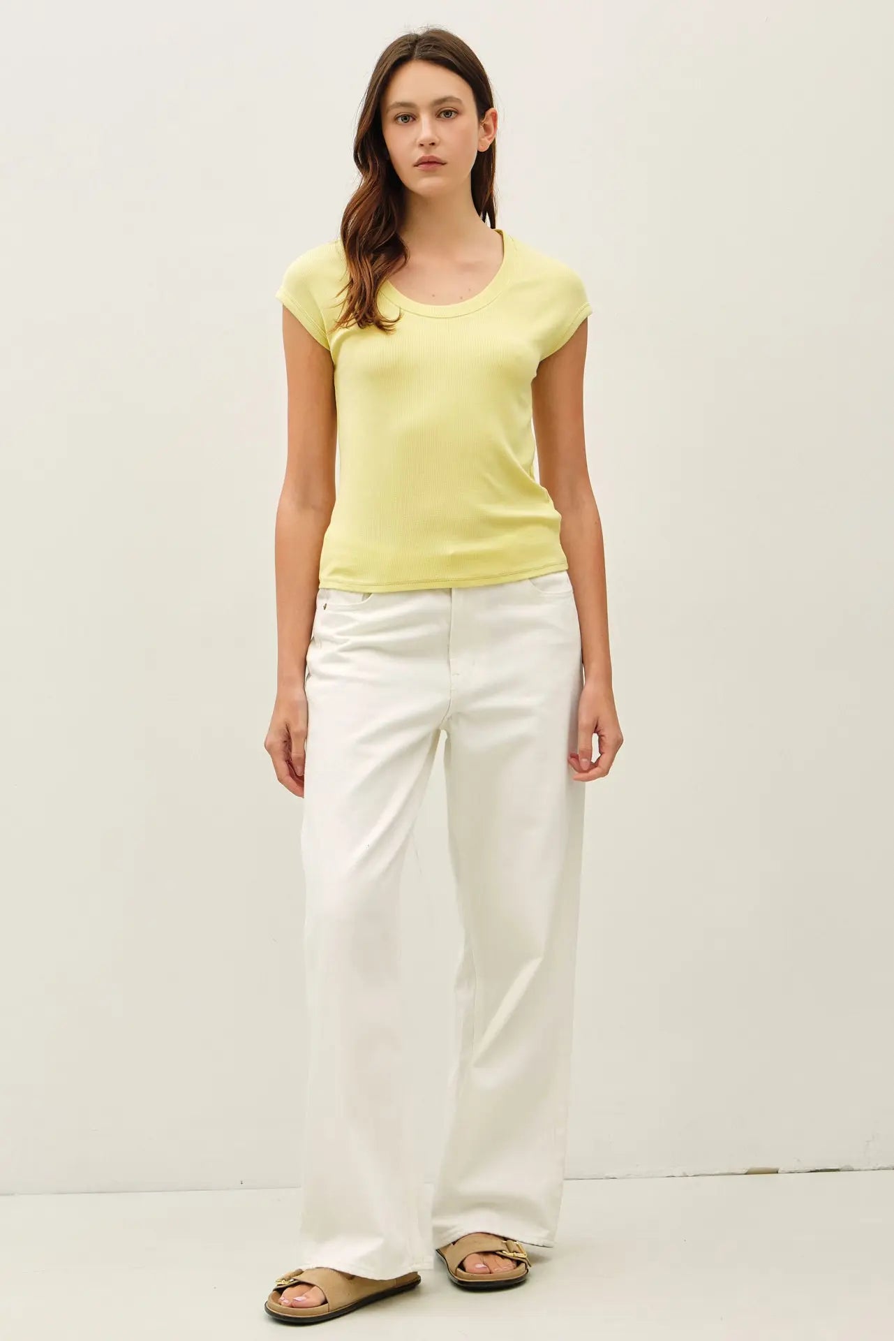 RIBBED SCOOP NECK CAP SLEEVE MODAL TOP-Acacia