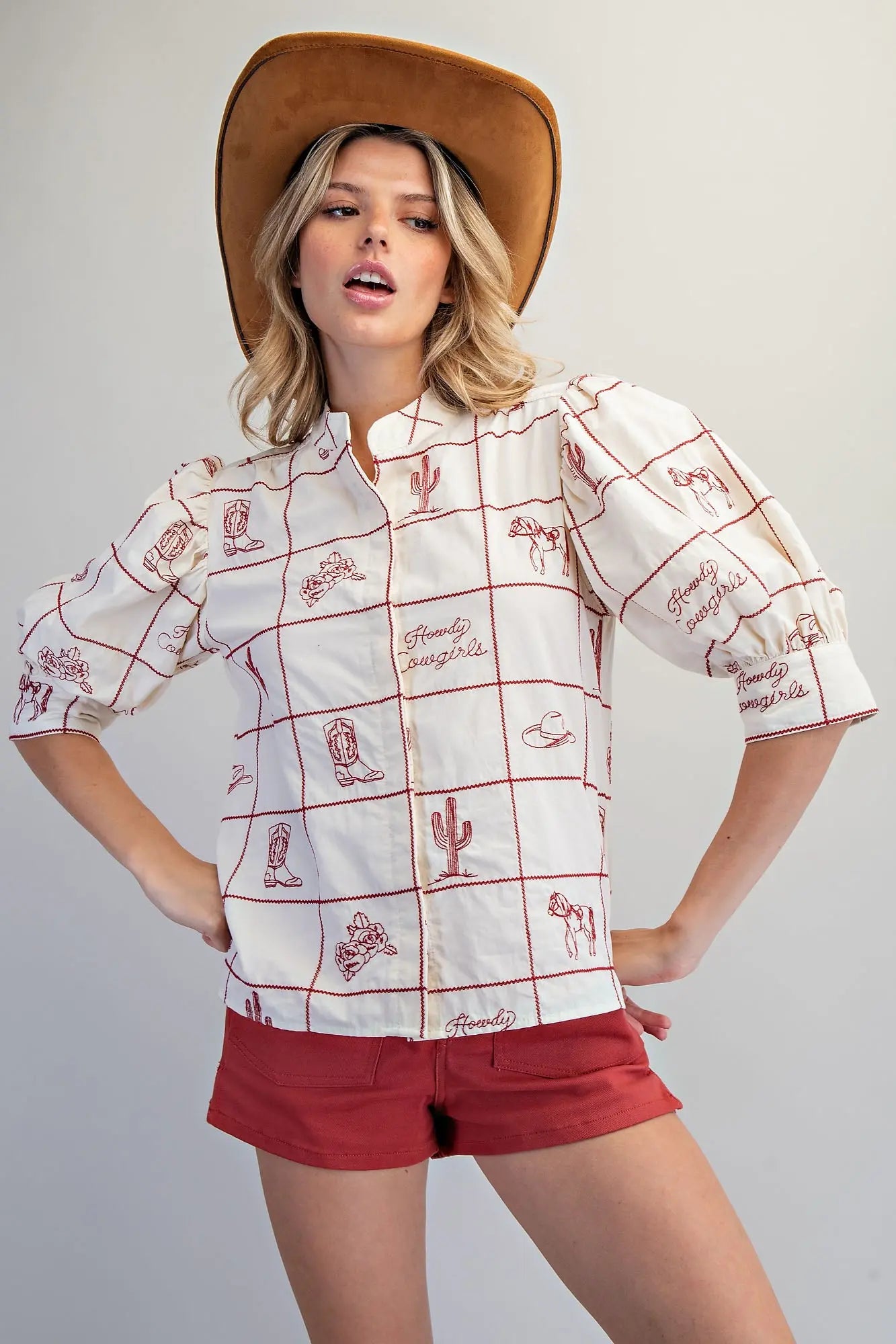 CHERRY WOOD CREAM Western Puff Sleeve Top