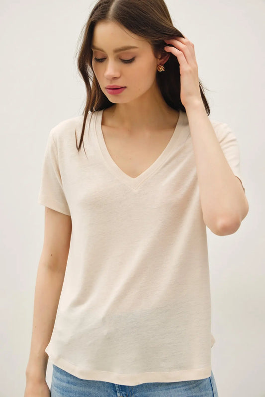 Mara LINEN BASIC V-NECK SHORT SLEEVE T-SHIRT-Natural