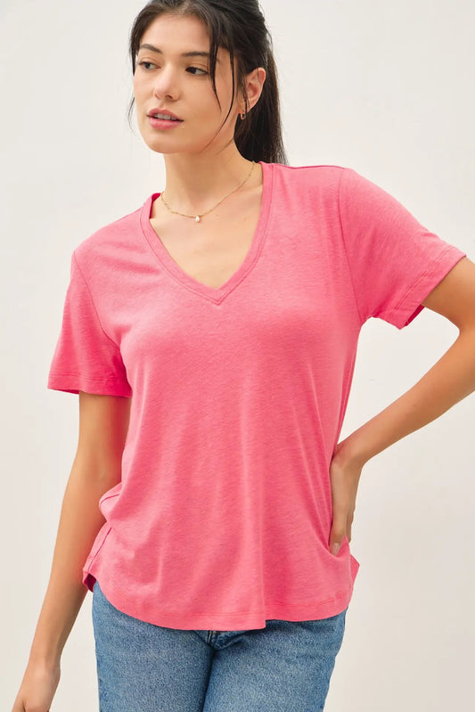 Mara LINEN BASIC V-NECK SHORT SLEEVE T-SHIRT-Guava Punch
