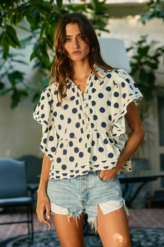 Ruffle Sleeves Pintuck Detail Polka Dot Print Top-Navy