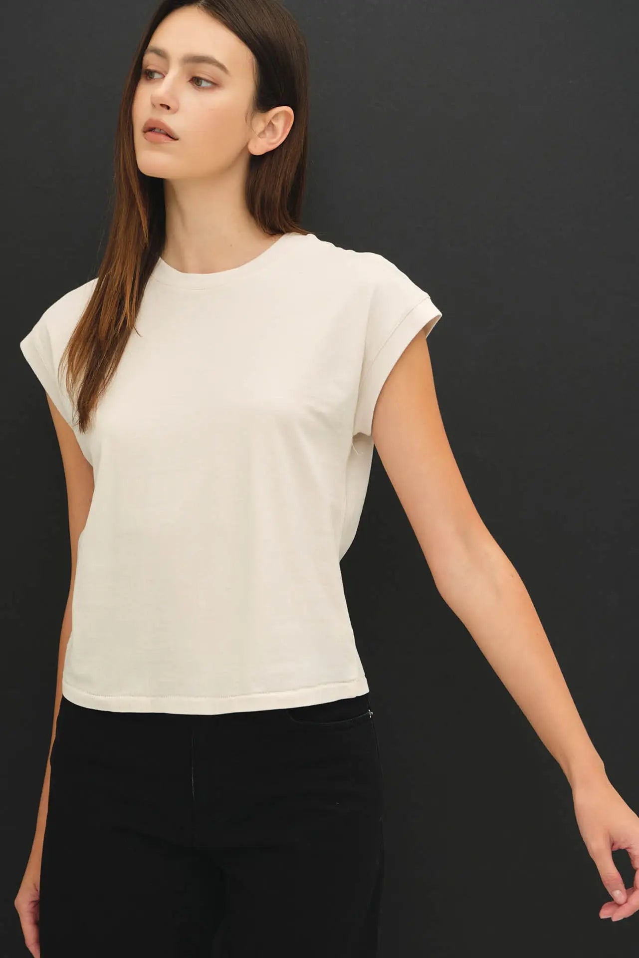 Myla GARMENT DYED COTTON CAP SLEEVE CREW NECK-Stone