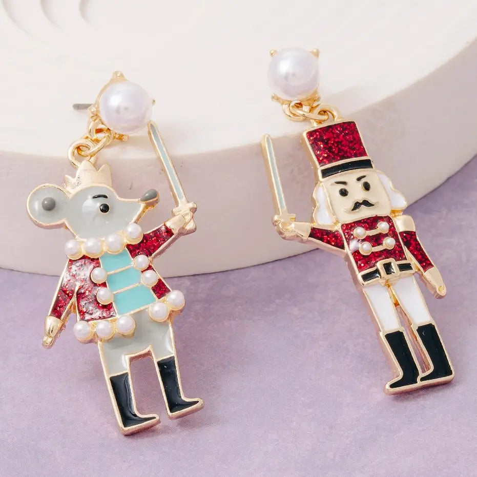 Pearl Stud Glitter Resin Nutcracker Christmas Holiday Dangle Earrings