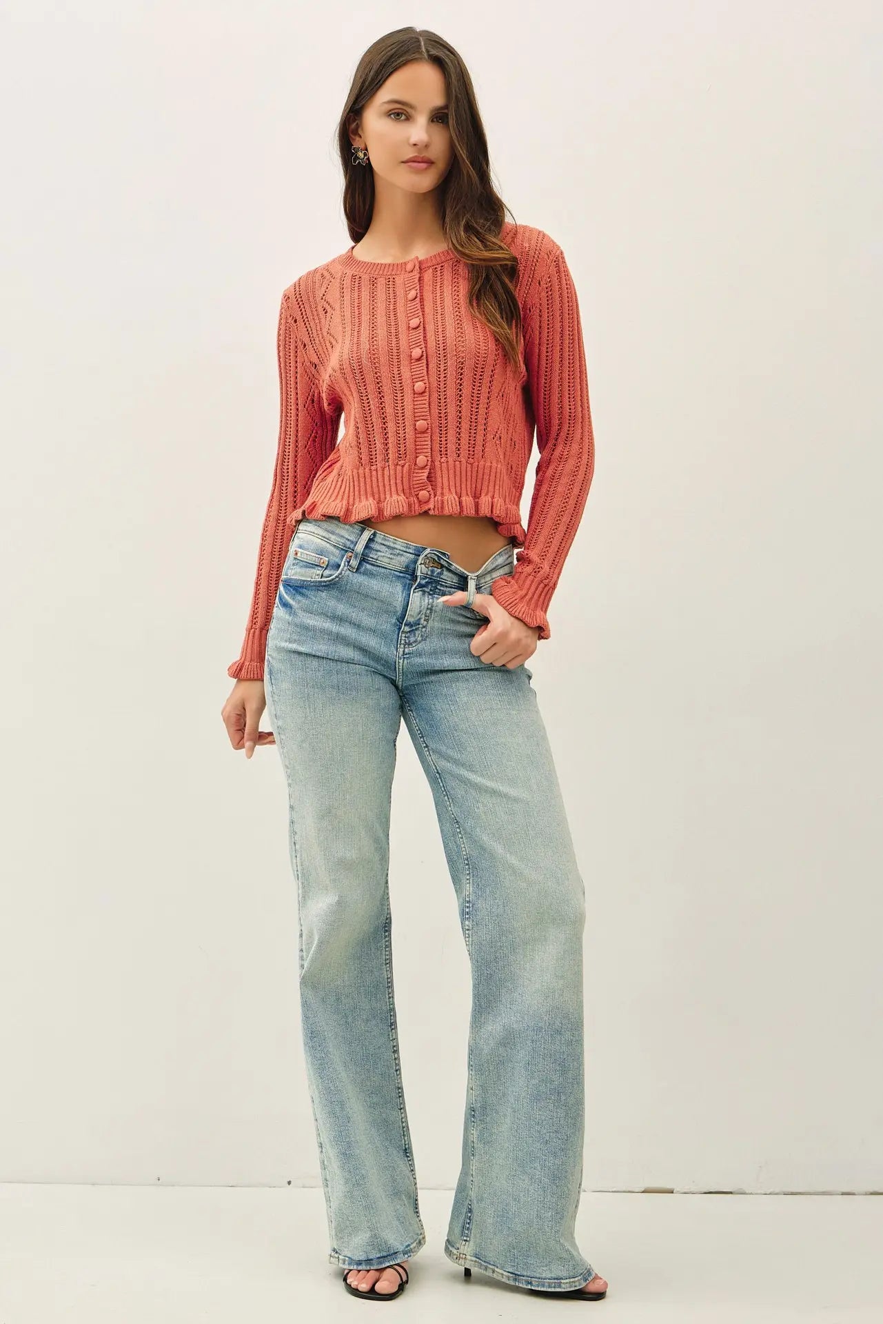 RUFFLED POINTELLE CROP CARDIGAN-Teracotta