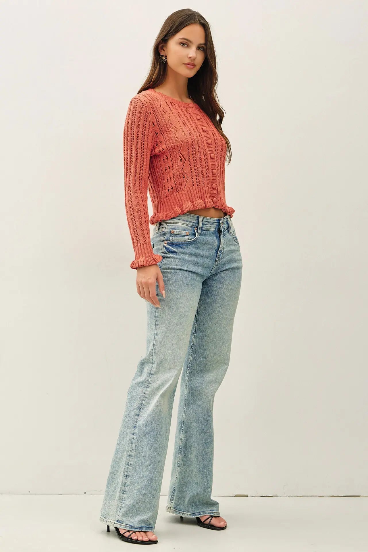 RUFFLED POINTELLE CROP CARDIGAN-Teracotta