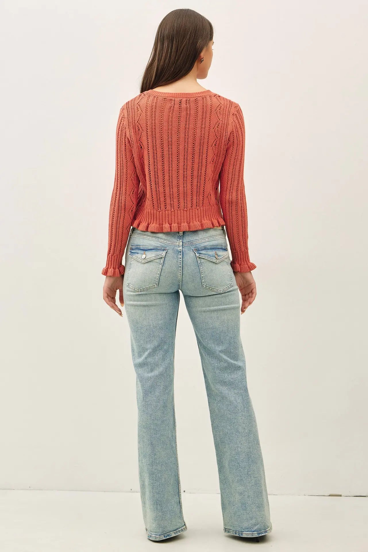 RUFFLED POINTELLE CROP CARDIGAN-Teracotta