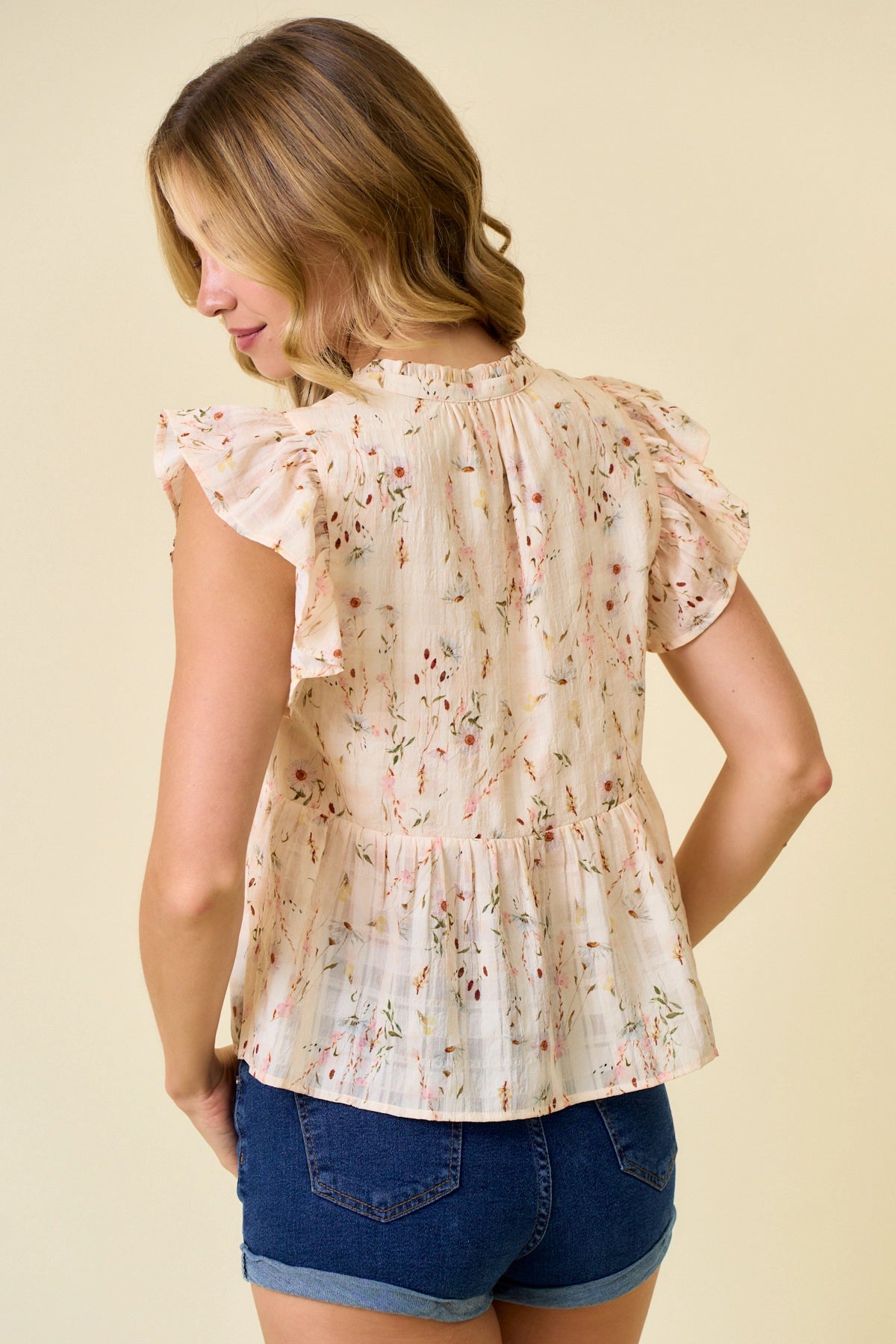 Meena Floral Printed Ruffle Sleeve Top-Cream