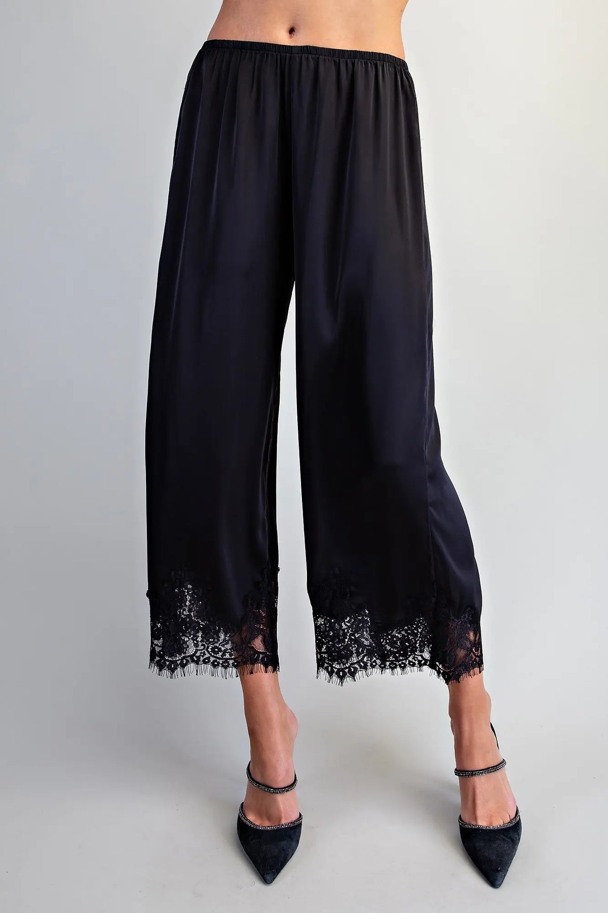 Lace Trim Satin Pants-Black