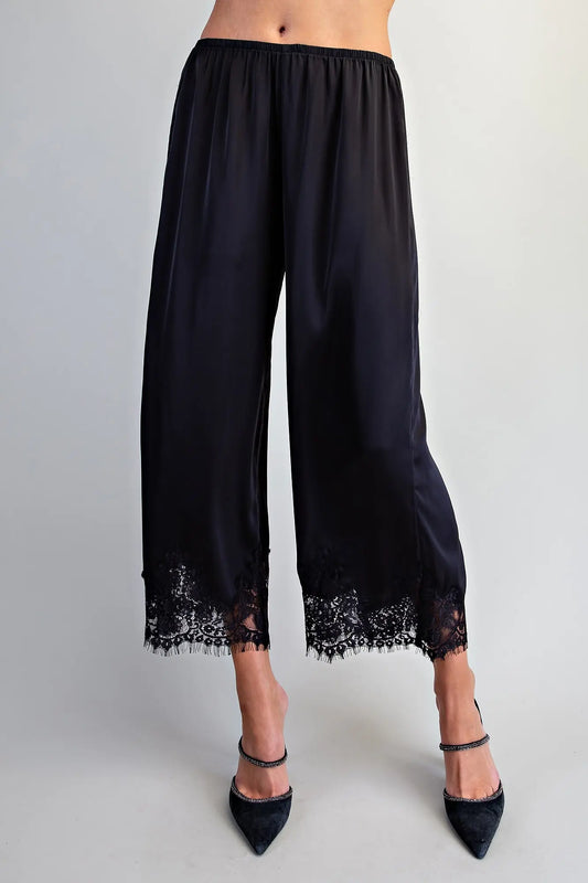 Lace Trim Satin Pants-Black