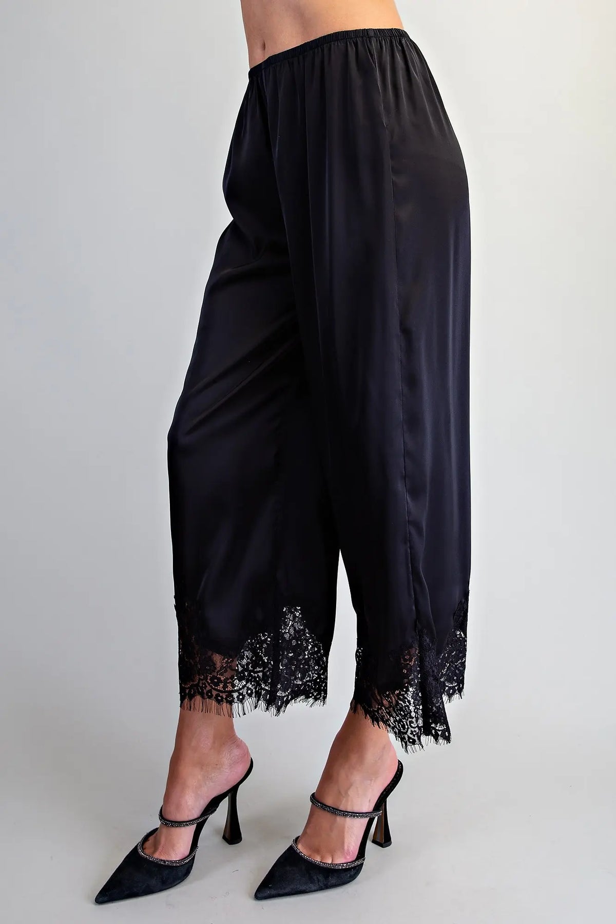 Lace Trim Satin Pants-Black