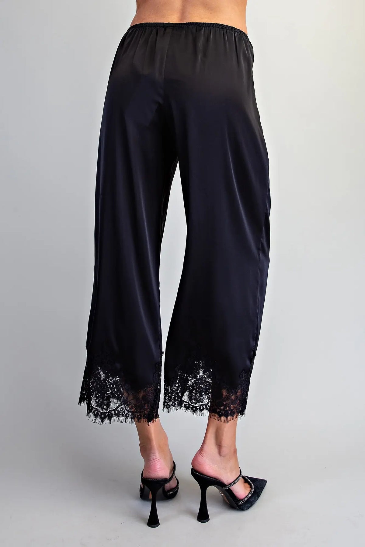 Lace Trim Satin Pants-Black