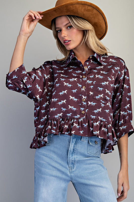 Cooper Horse Printed Button Down Blouse-Vintage Plum