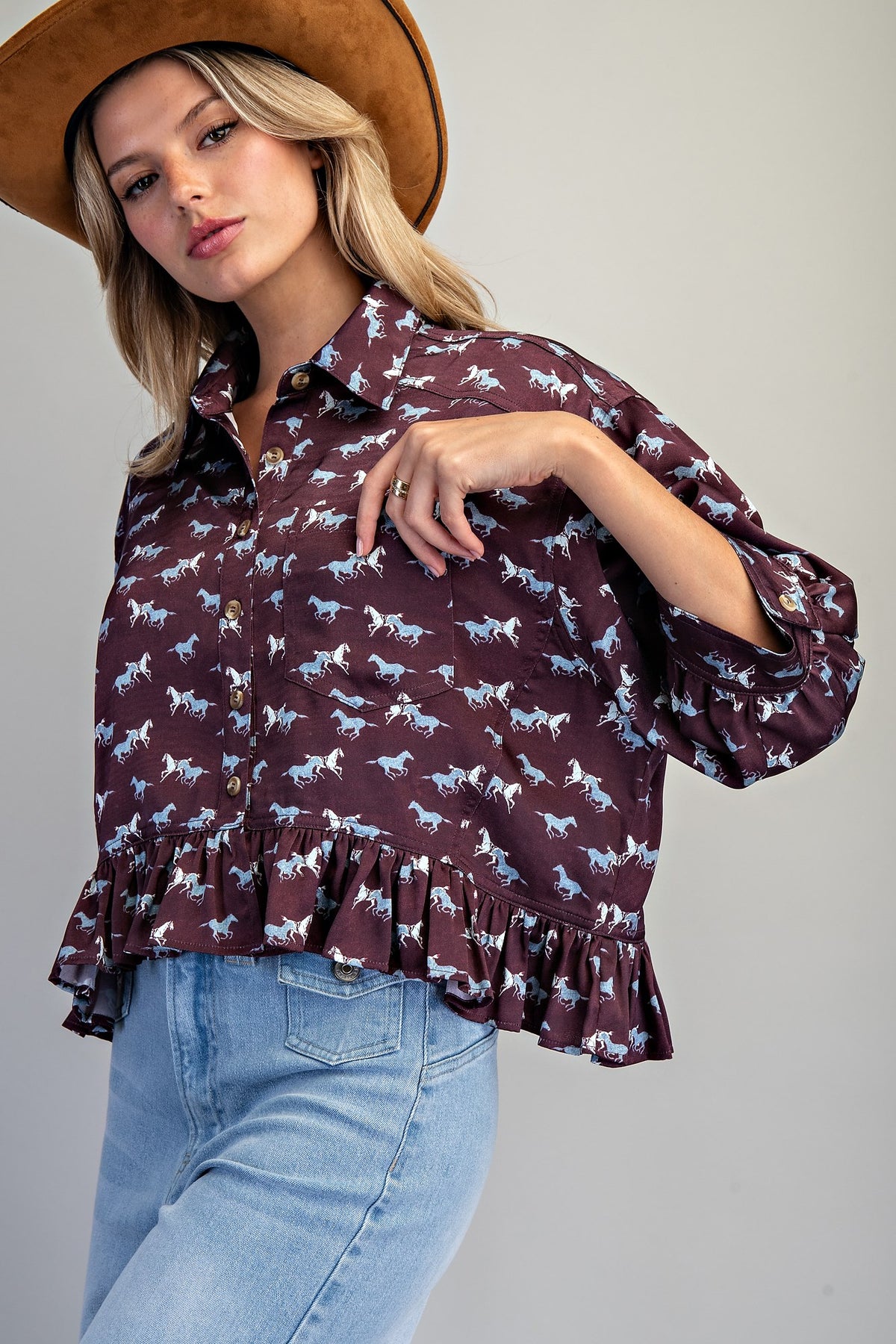 Cooper Horse Printed Button Down Blouse-Vintage Plum