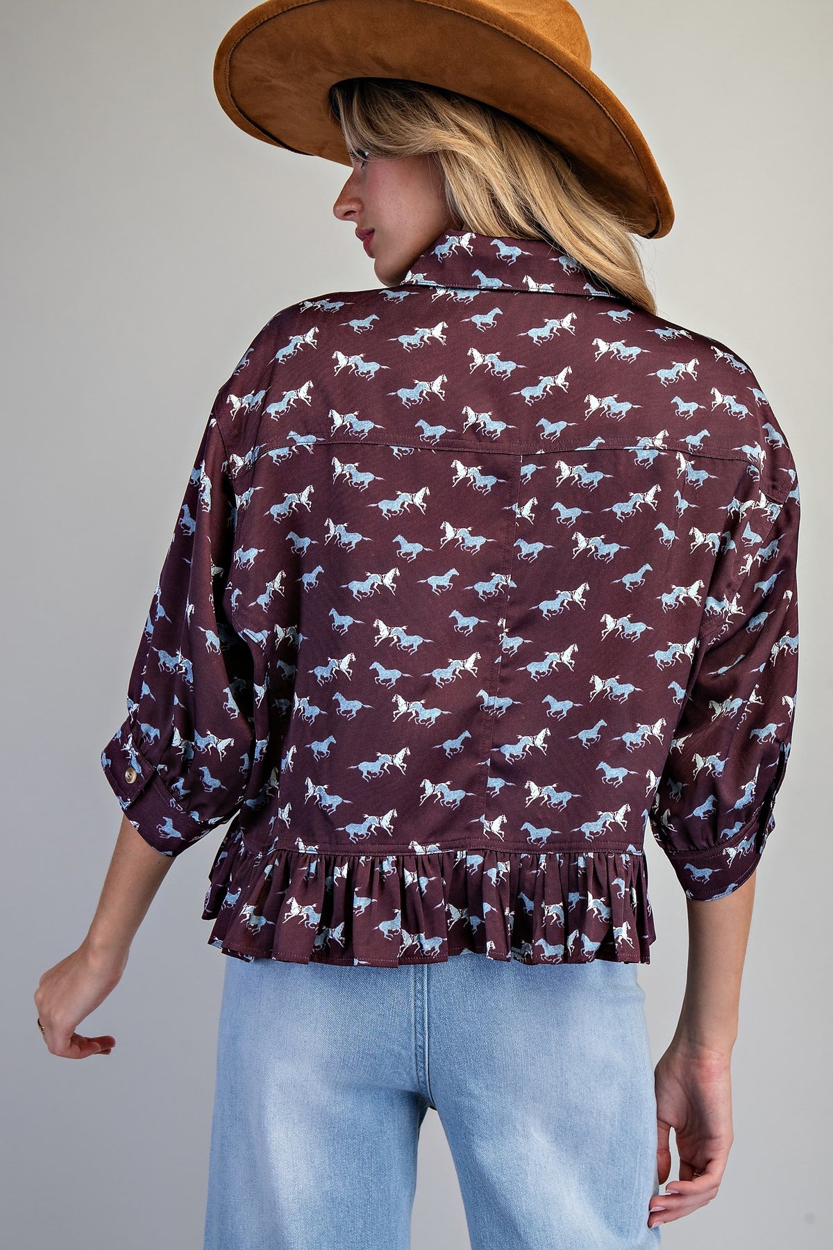 Cooper Horse Printed Button Down Blouse-Vintage Plum