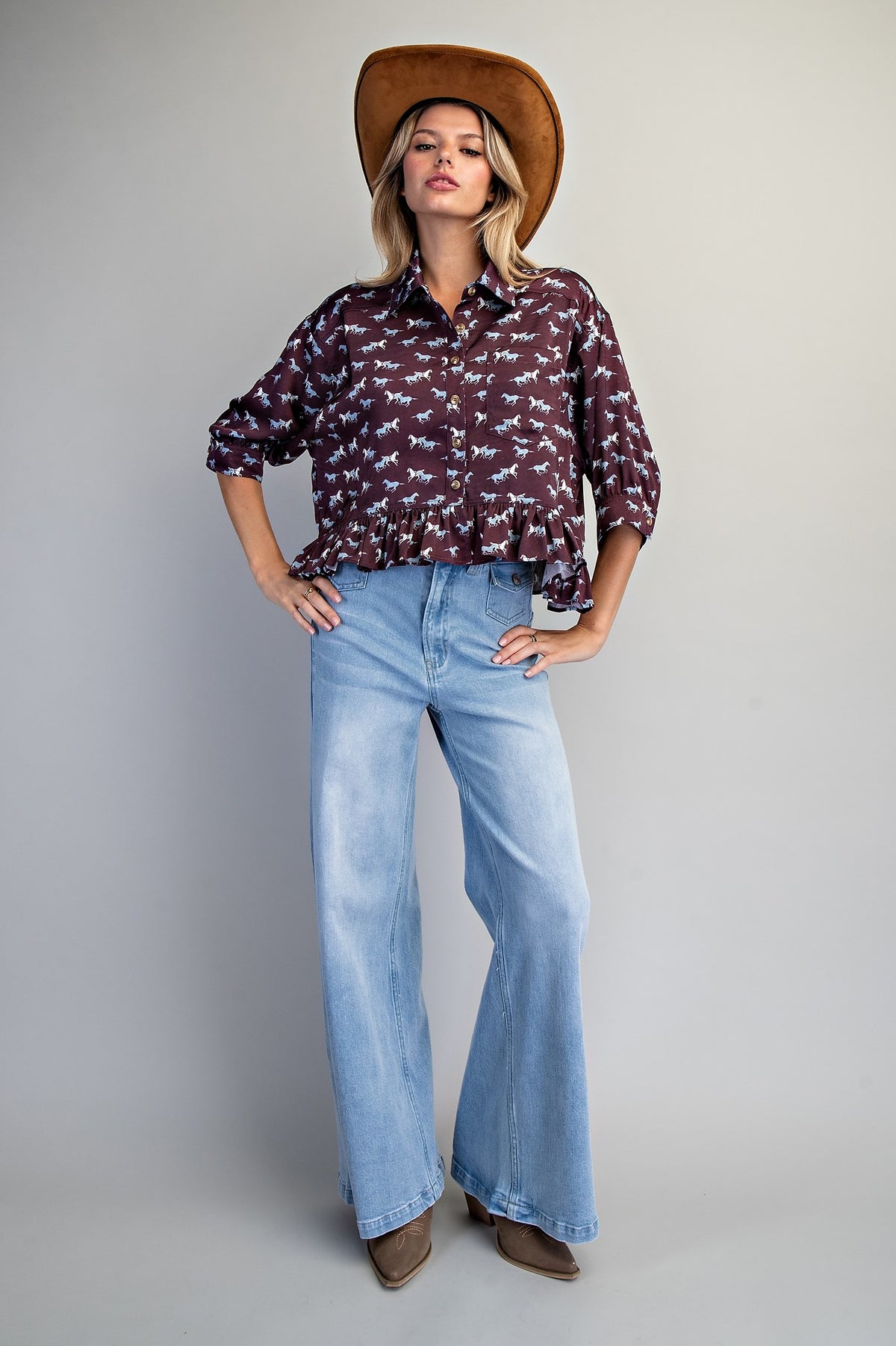 Cooper Horse Printed Button Down Blouse-Vintage Plum