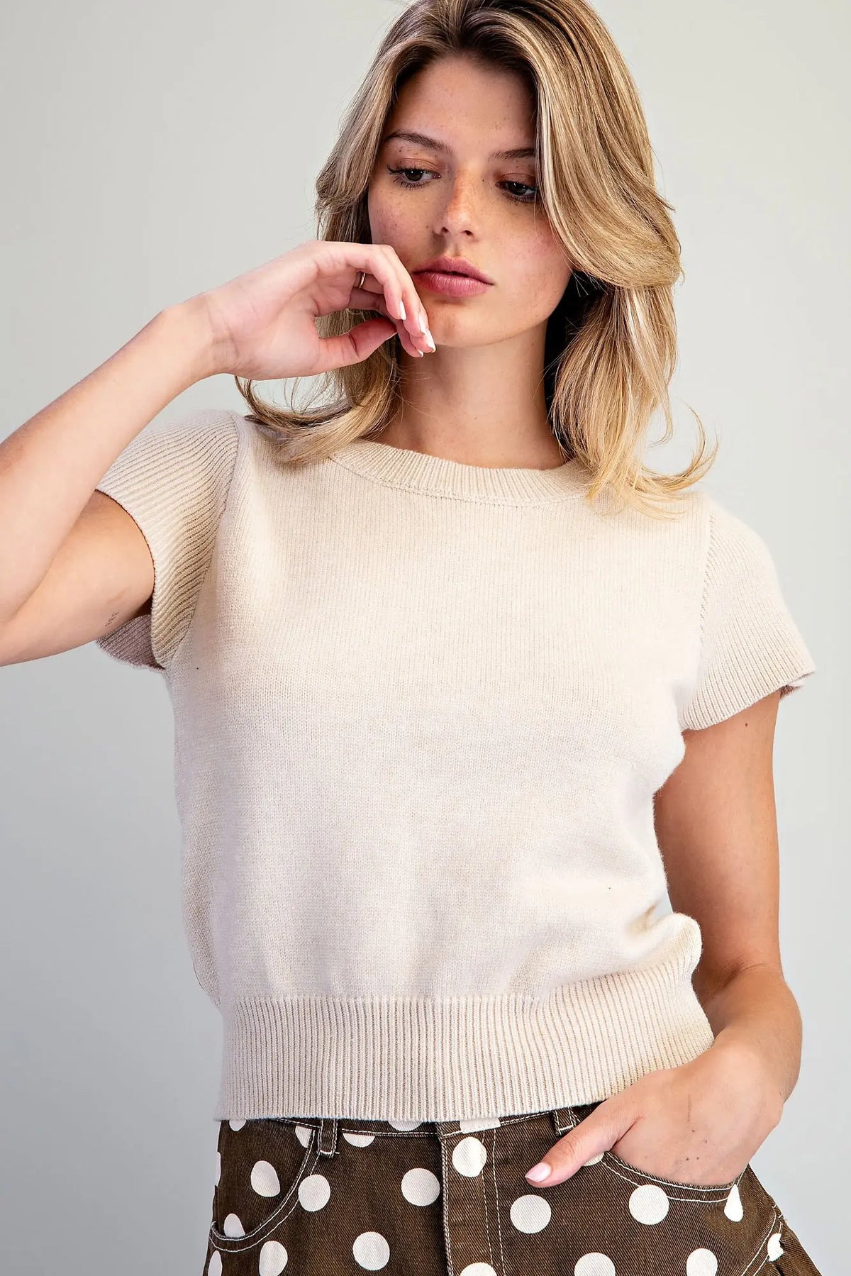 Chrissa Solid Short Sleeve Knit Top-Oatmeal