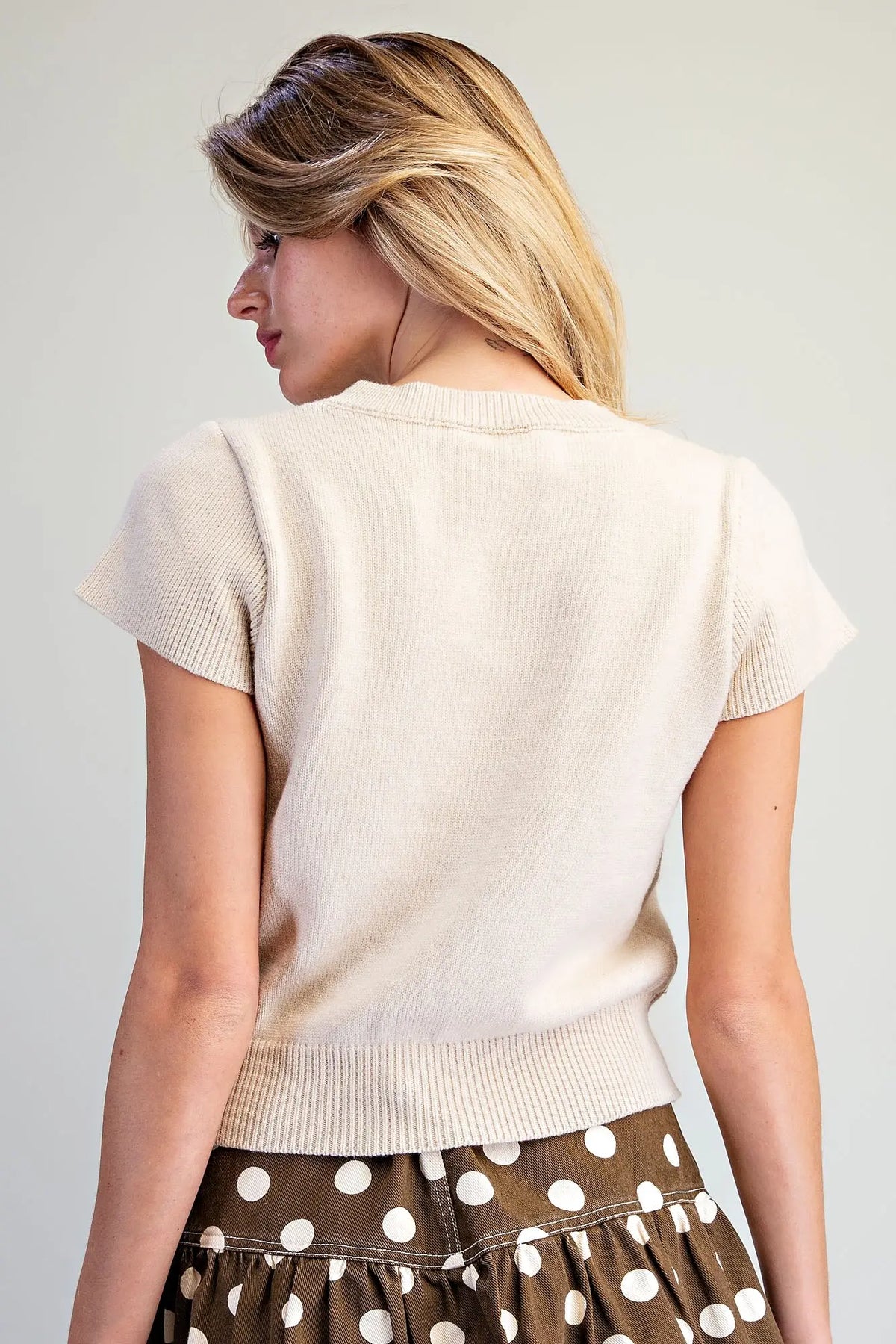 Chrissa Solid Short Sleeve Knit Top-Oatmeal