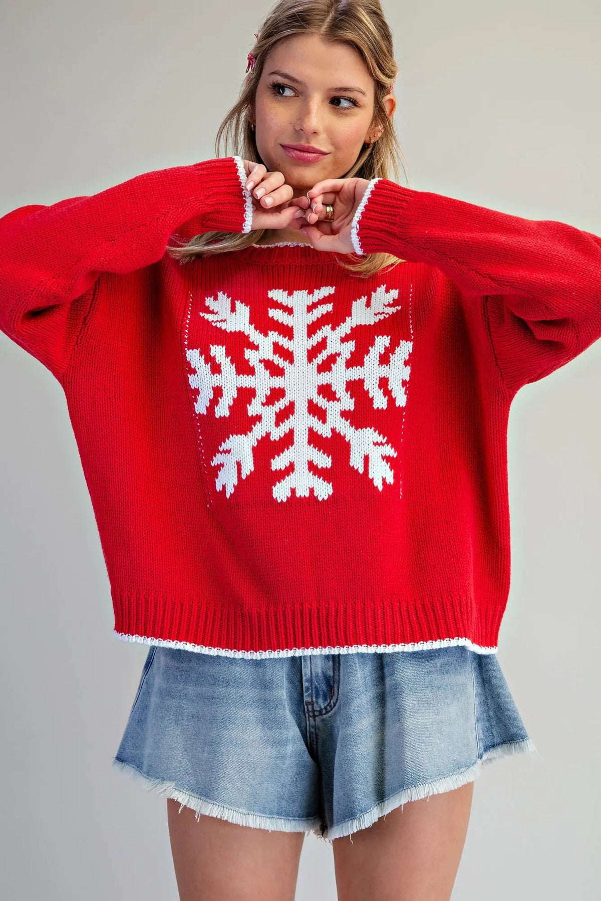 Contrast Trim Snowflake Sweater-Snow Berry