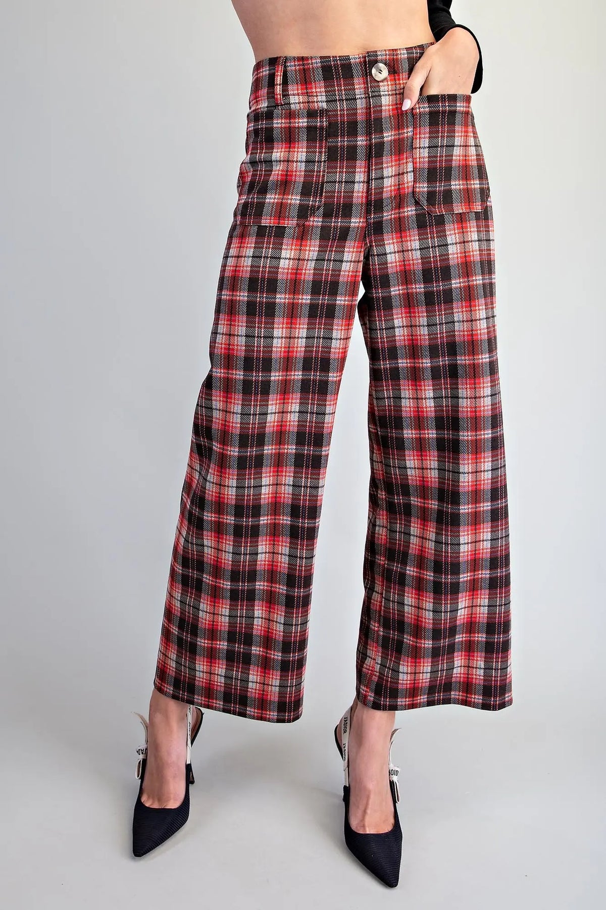 Plaid Patch Pocket Wide Leg Pants-Vintage Red