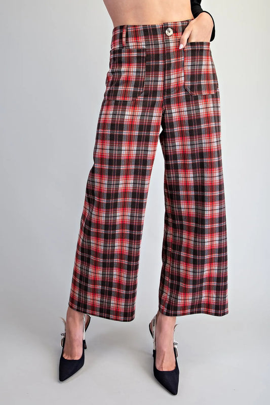 Plaid Patch Pocket Wide Leg Pants-Vintage Red
