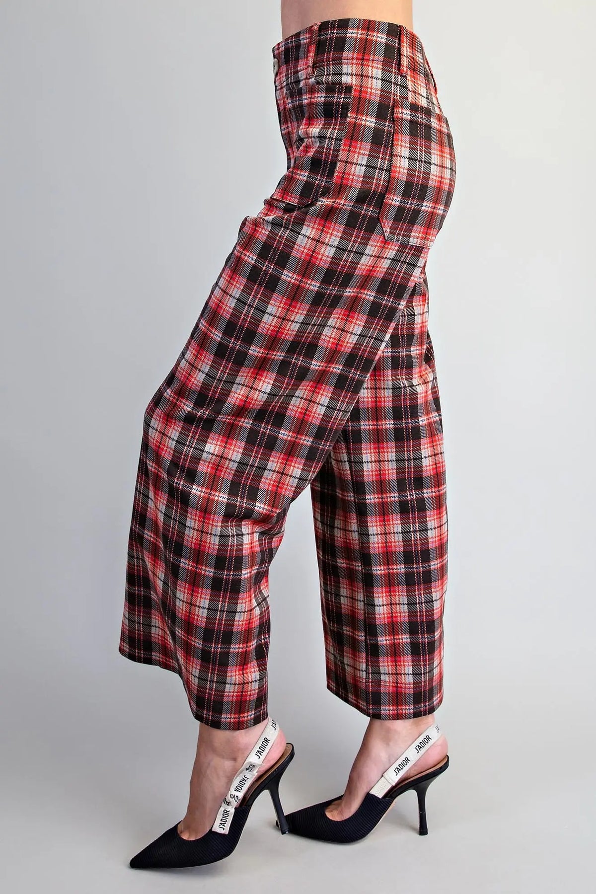 Plaid Patch Pocket Wide Leg Pants-Vintage Red