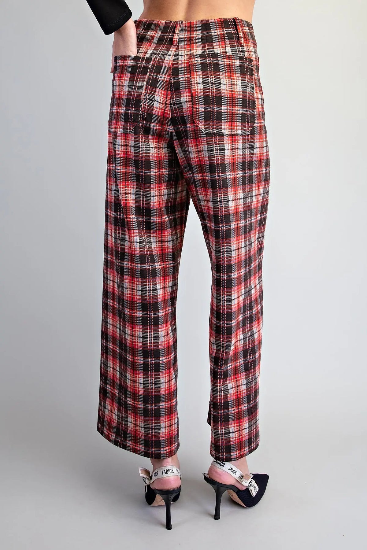Plaid Patch Pocket Wide Leg Pants-Vintage Red