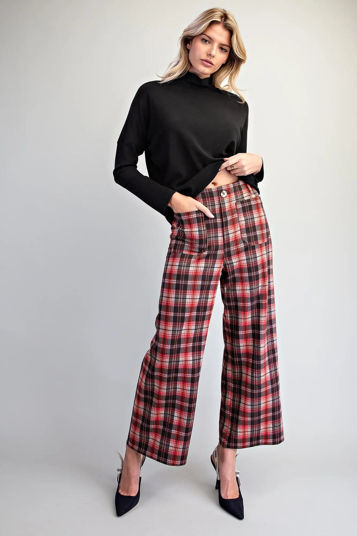 Plaid Patch Pocket Wide Leg Pants-Vintage Red