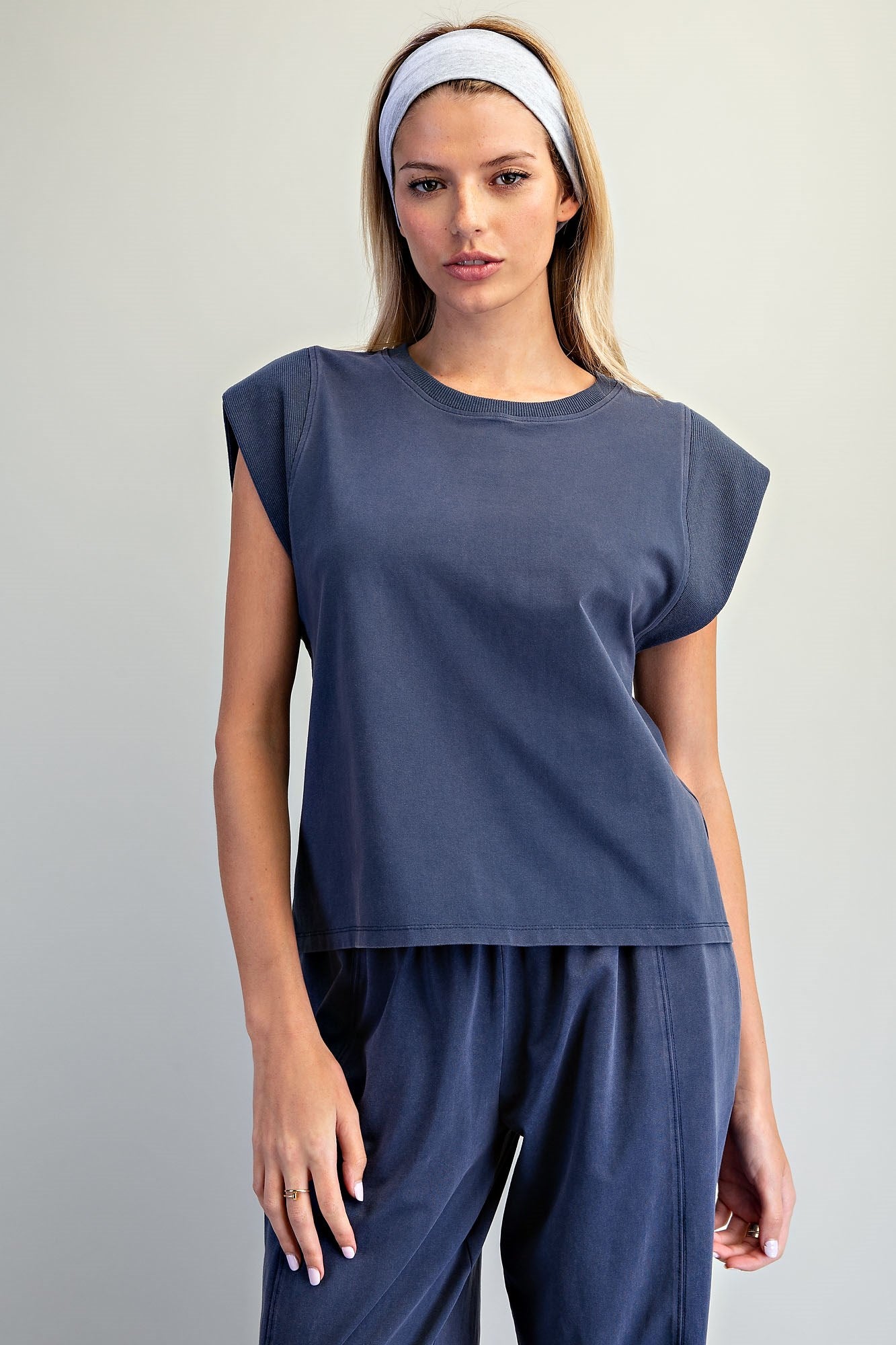 Tilly Ribbed Trim Cap Sleeve Top-Indigo