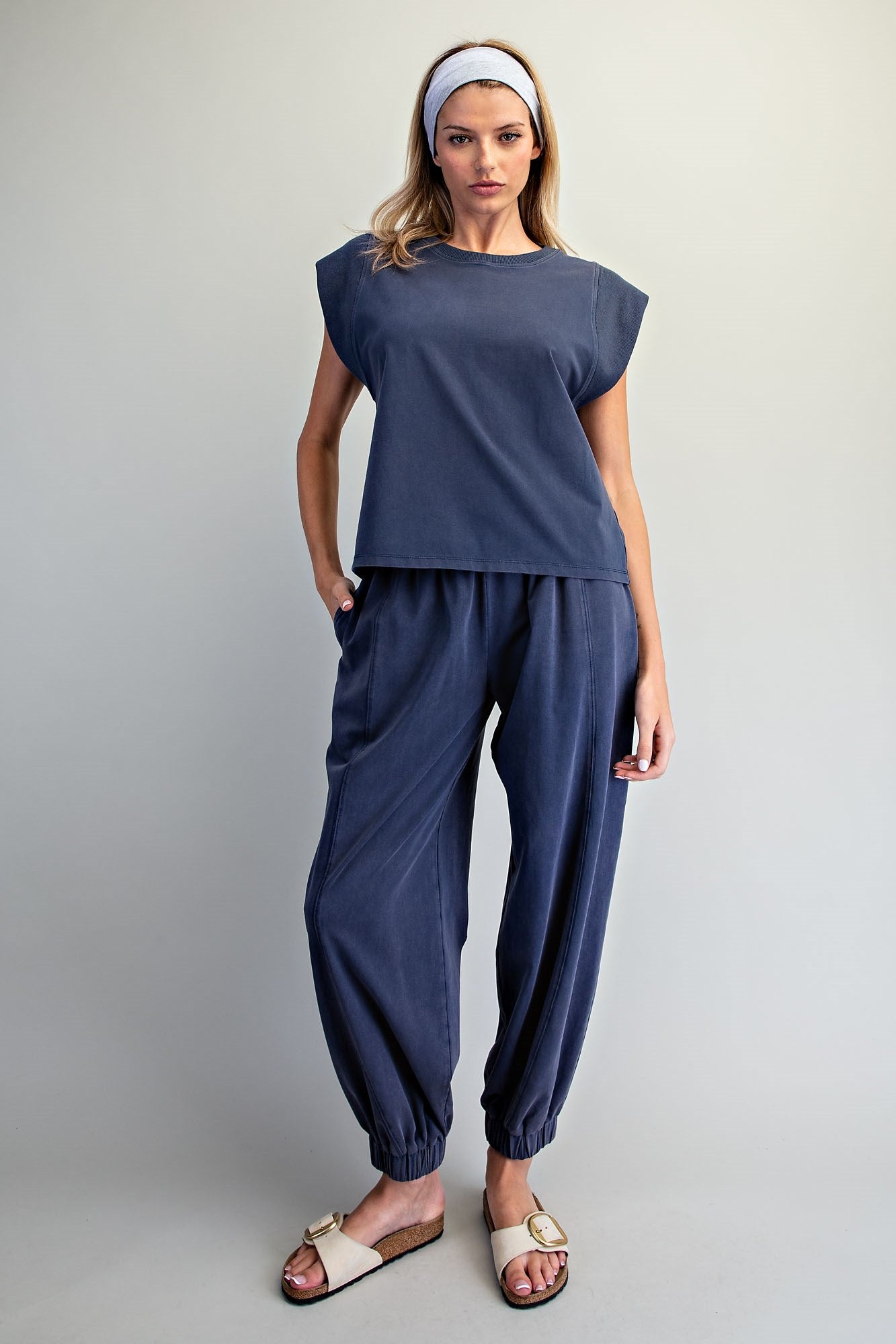 Tilly Ribbed Trim Cap Sleeve Top-Indigo
