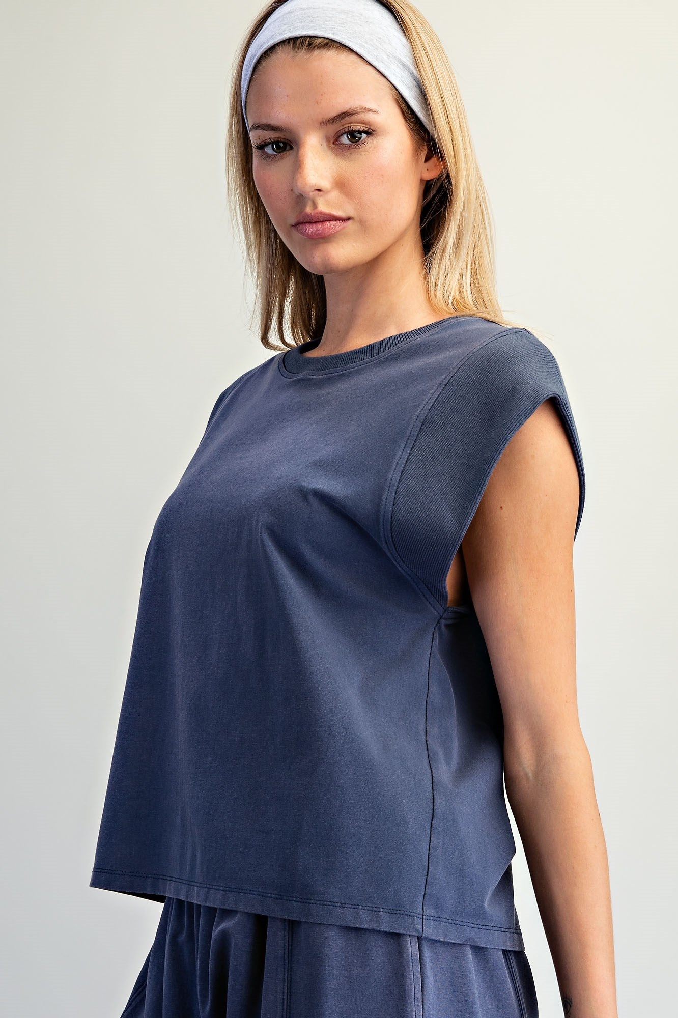 Tilly Ribbed Trim Cap Sleeve Top-Indigo