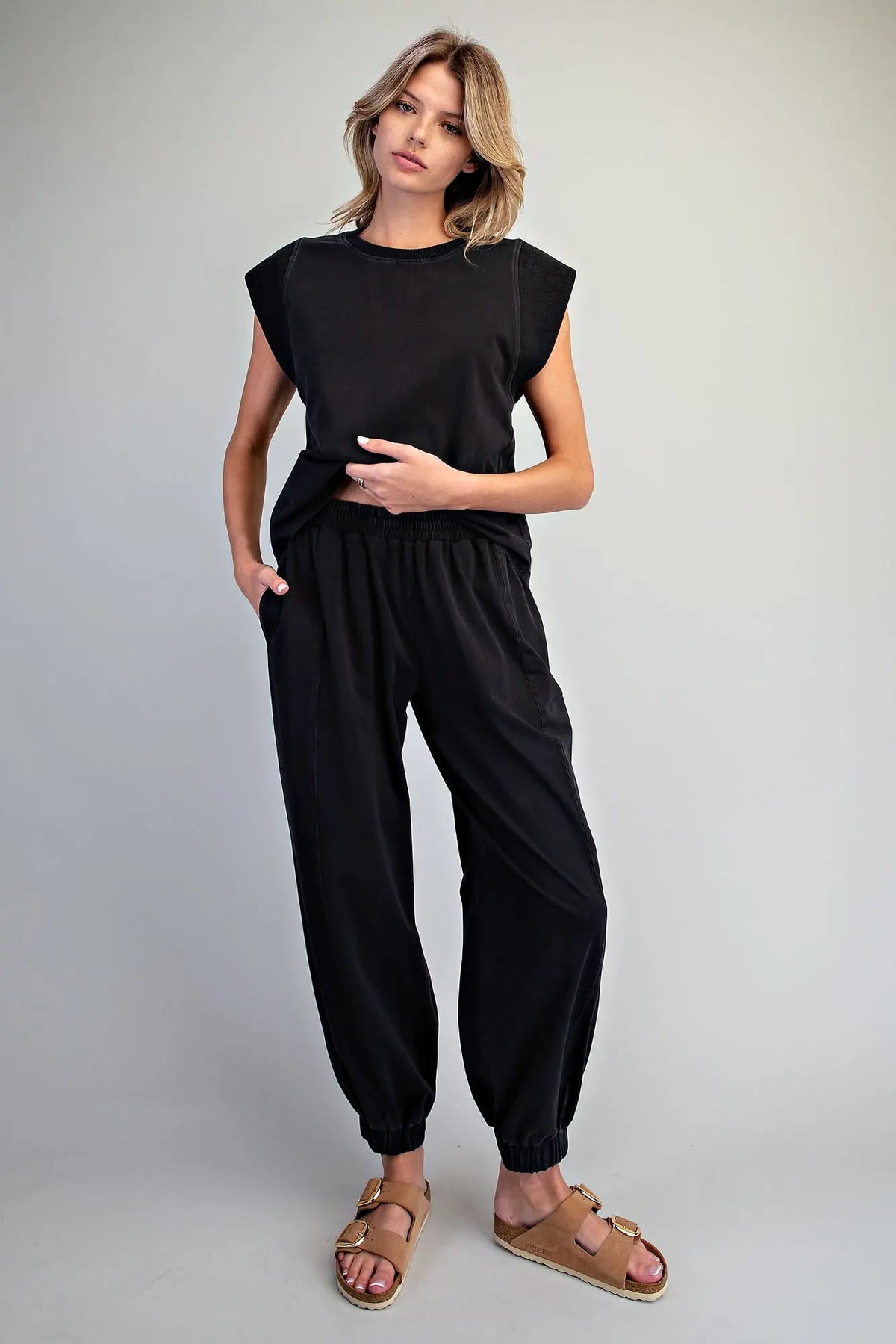 Tilly Solid Elastic Waist Joggers-Ash Black