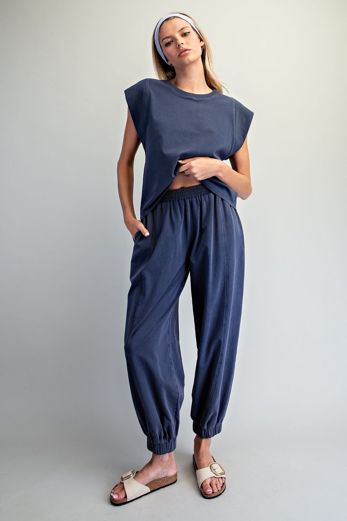Tilly Solid Elastic Waist Joggers-Indigo