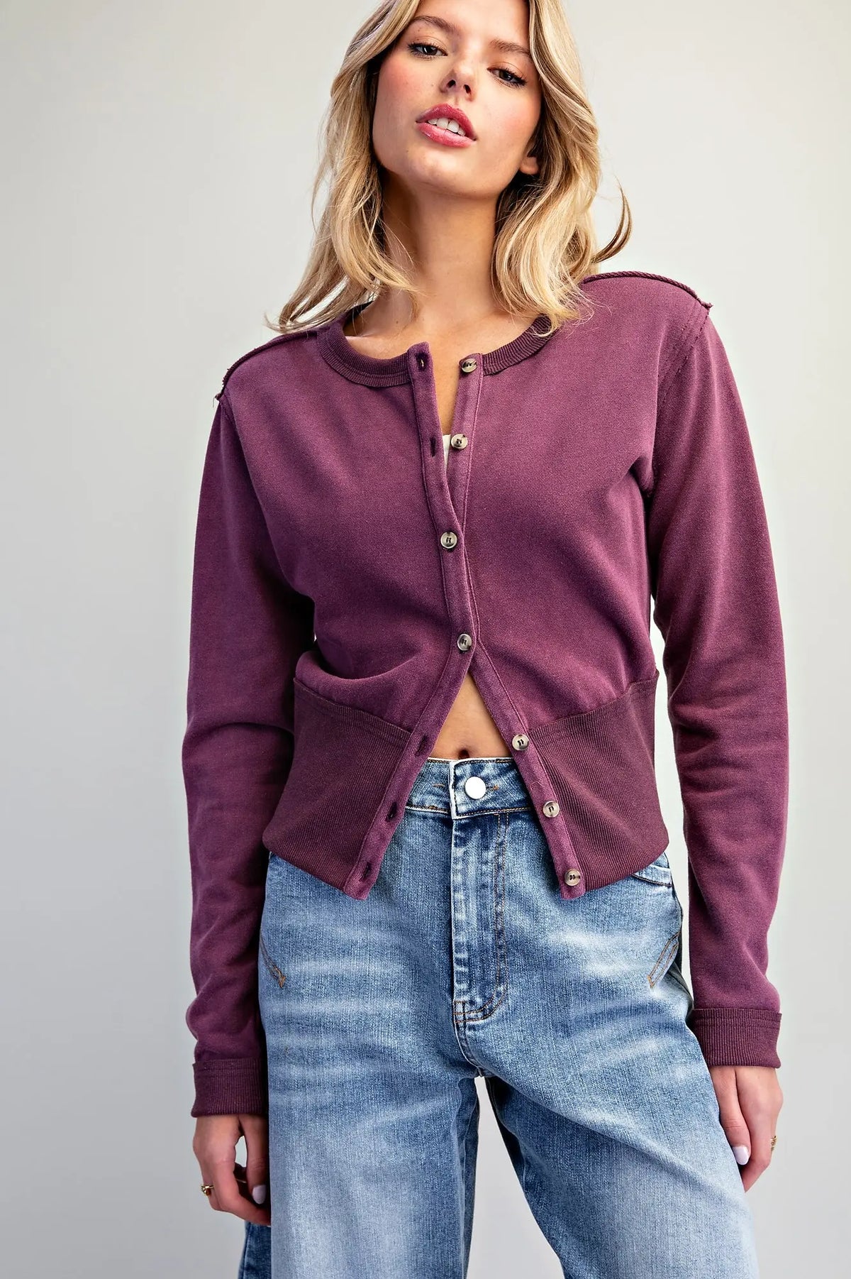 Mineral Washed Exposed Seam Cardigan-Plum Jam