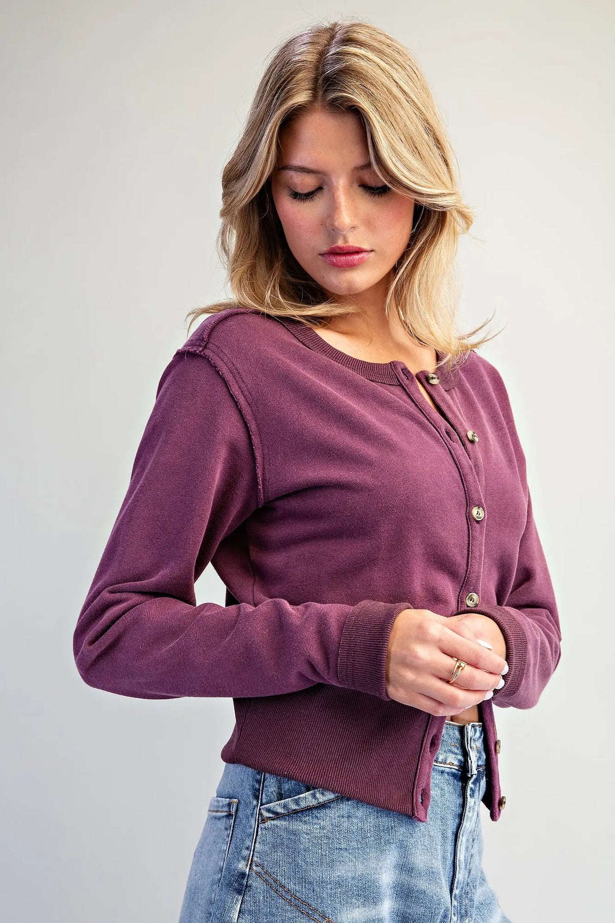 Mineral Washed Exposed Seam Cardigan-Plum Jam